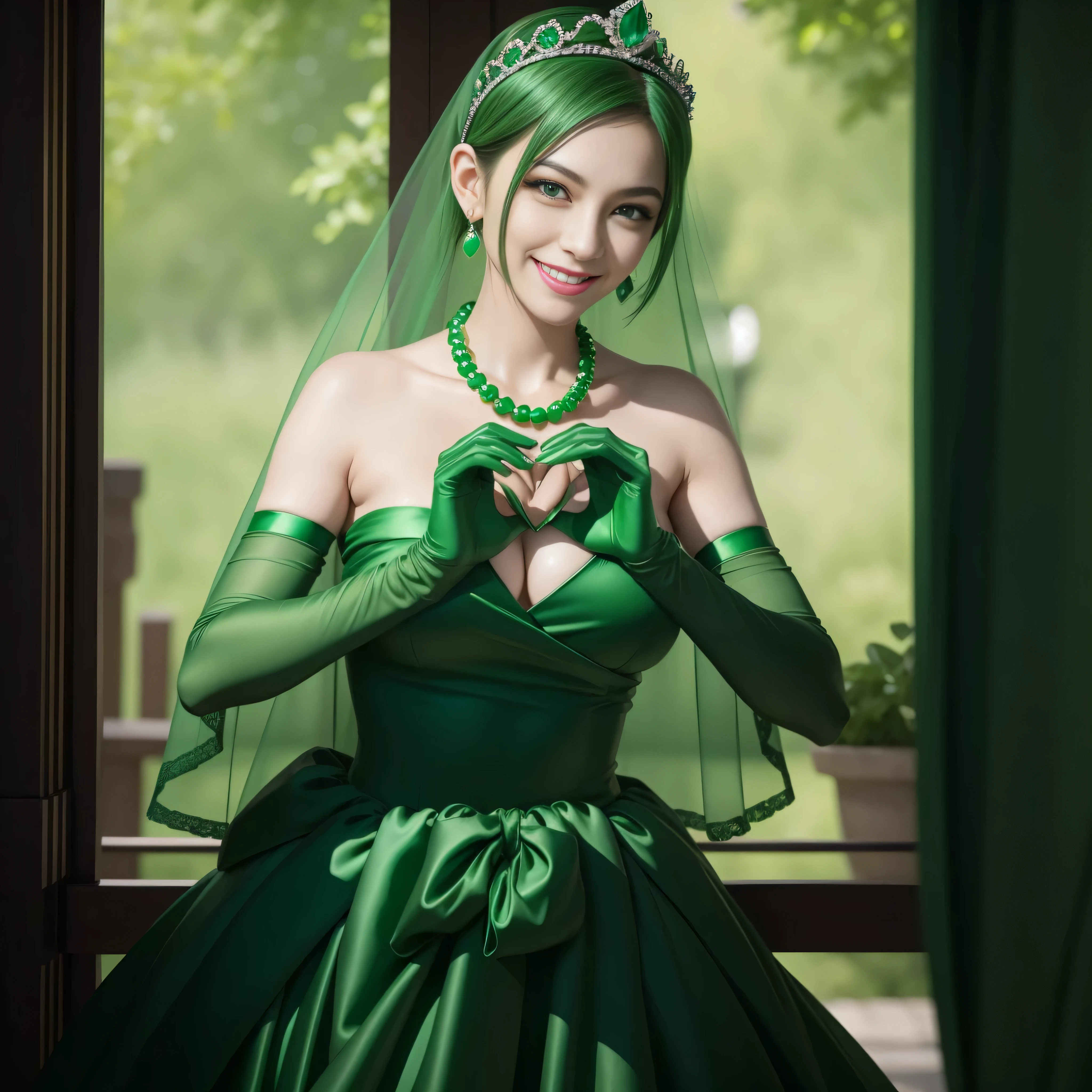 emerald tiara, Green Pearl Necklace, Boyish very short green hair, lipsticks, Japan woman smiling, very short short hair, big breasts beautiful, Green eyes, Long green gloves made of satin material, Green eyes, Emerald Earrings, green vale, Heart with both hands