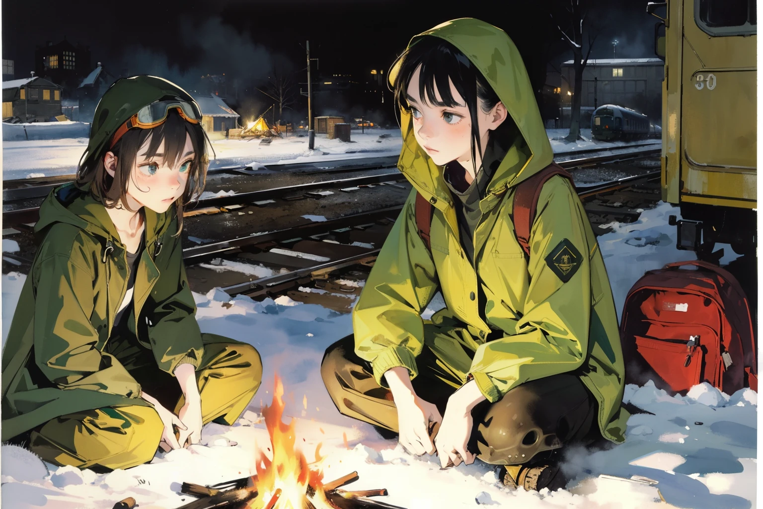 masterpiece, best quality, 2girls, (closeup), (capmfire), 18yo , slim, small breast, sitting on floor  around the campfire, sad, tired, dirty face, green raincoat, hoods on, goggles on head, (backpacks), military pants, train station, abandoned trains, desolate, night, dark, snow, winter, dirt, grey, watercolor