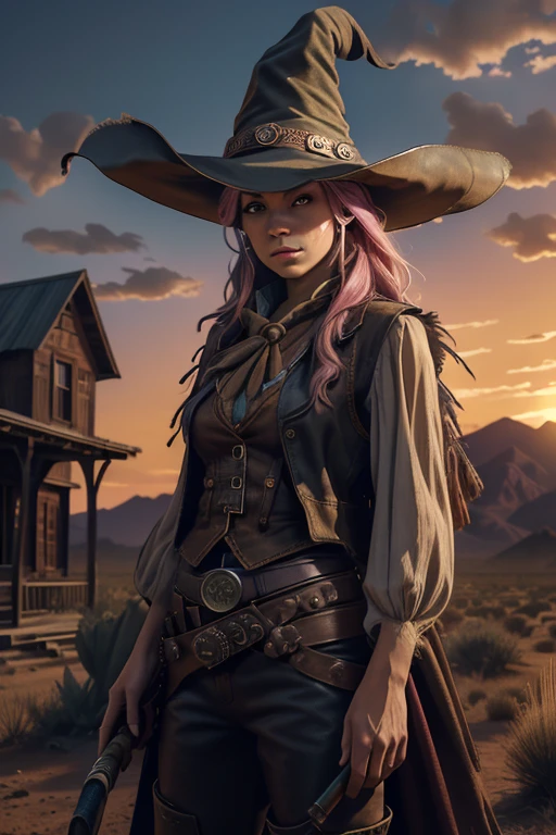 best quality, 4k, highres,masterpiece:1.2),ultra-detailed,realistic,photorealistic:1.37,wild west style,long windblown pink hair,purple eyes,beautiful young woman,leather vest and pants,horse riding boots,sunset in the background,desert landscape,broom stick, shotgun,(witch hat:1.3),feather accessories,old wooden sign,spooky abandoned house,cactus and tumbleweed,vivid colors,magical aura,sharp focus,dusk lighting,