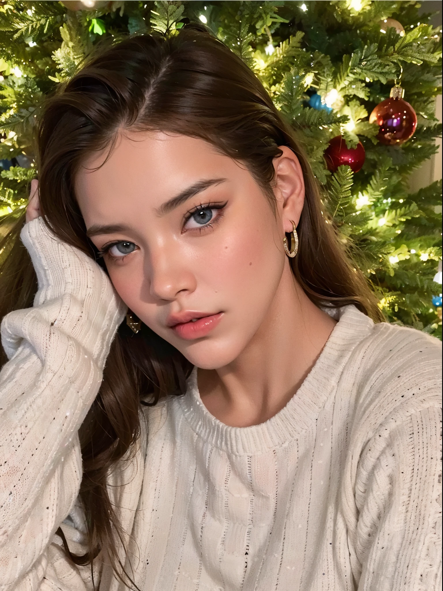 Arafed woman sitting in front of a Christmas tree with a cell phone, Barbara Palvin, portrait of Barbara Palvin, Madre taylor joy, Hailee Steinfeld, Madre taylor - joy, Madre Taylor-Joy, Estilo de Julia Razumova, Madre_Taylor-Joy, sin maquillaje, Dasha Taran, Cara perfecta )