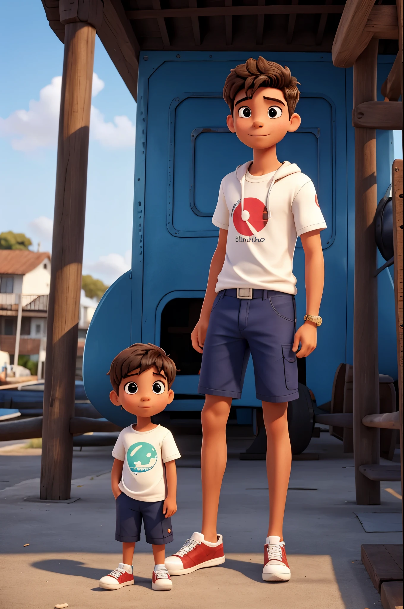 homem de 30 anos, menino e menina de 12 anos, vestindo bermuda e camiseta, ao lado de pequeno barco, no pier, lagoa,