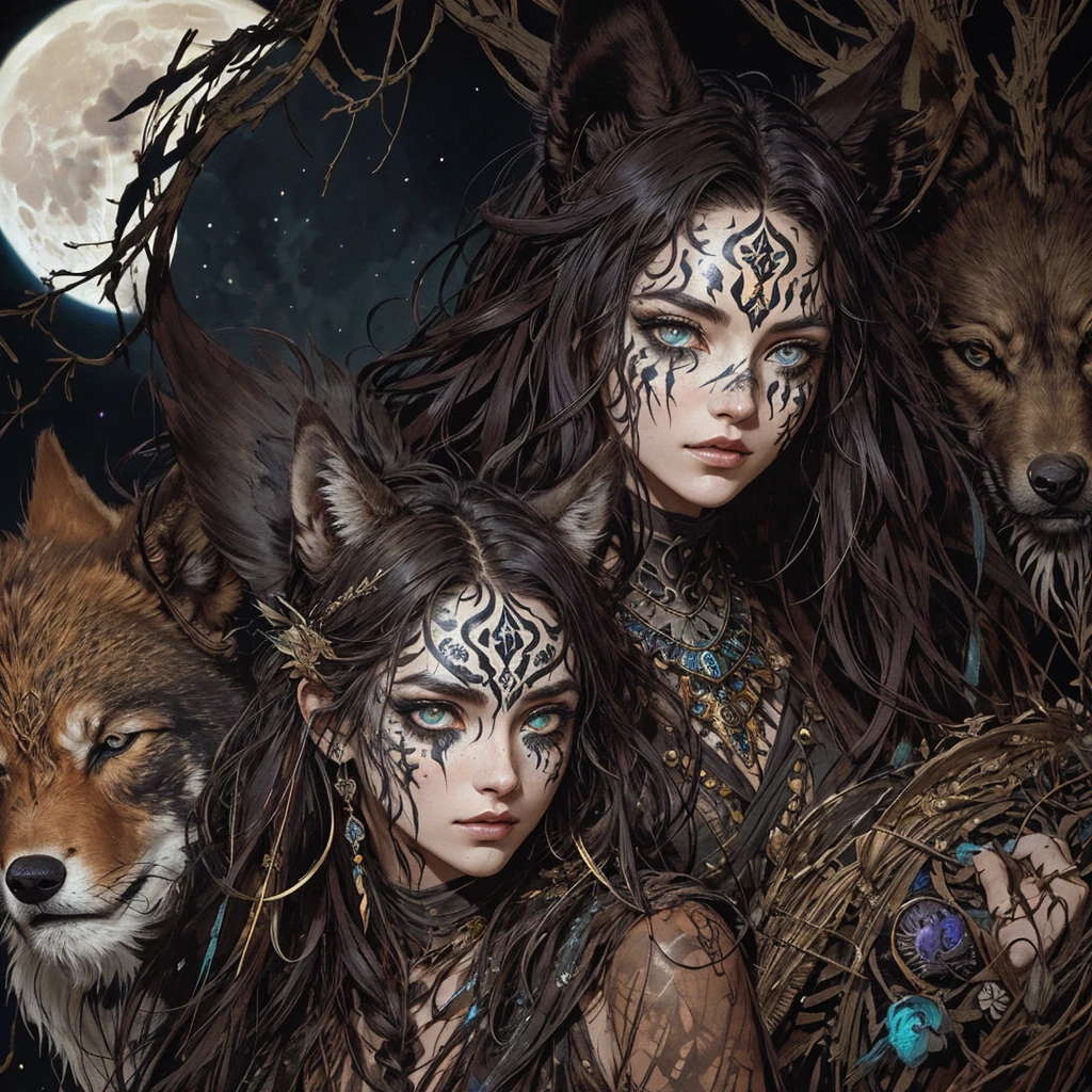 ancient Greek huntress Commanding a wolf pack and ravens, Messy feral hair, glowing wild eyes with glowing face paint. Moonlit forest background. Deep, rich colors and intricate details. Carne Griffiths and Charles Vess