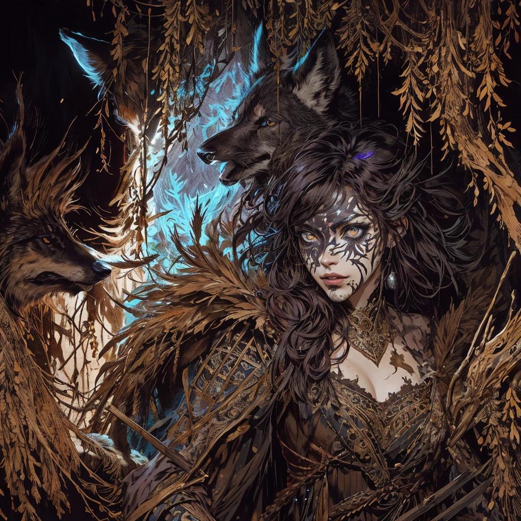 ancient Greek huntress Commanding a wolf pack and ravens, Messy feral hair, glowing wild eyes with glowing face paint. Moonlit forest background. Deep, rich colors and intricate details. Carne Griffiths and Charles Vess