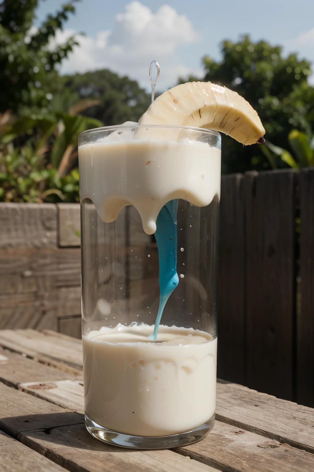 Create an image with a banana coming out of milk and blue capsules next to it