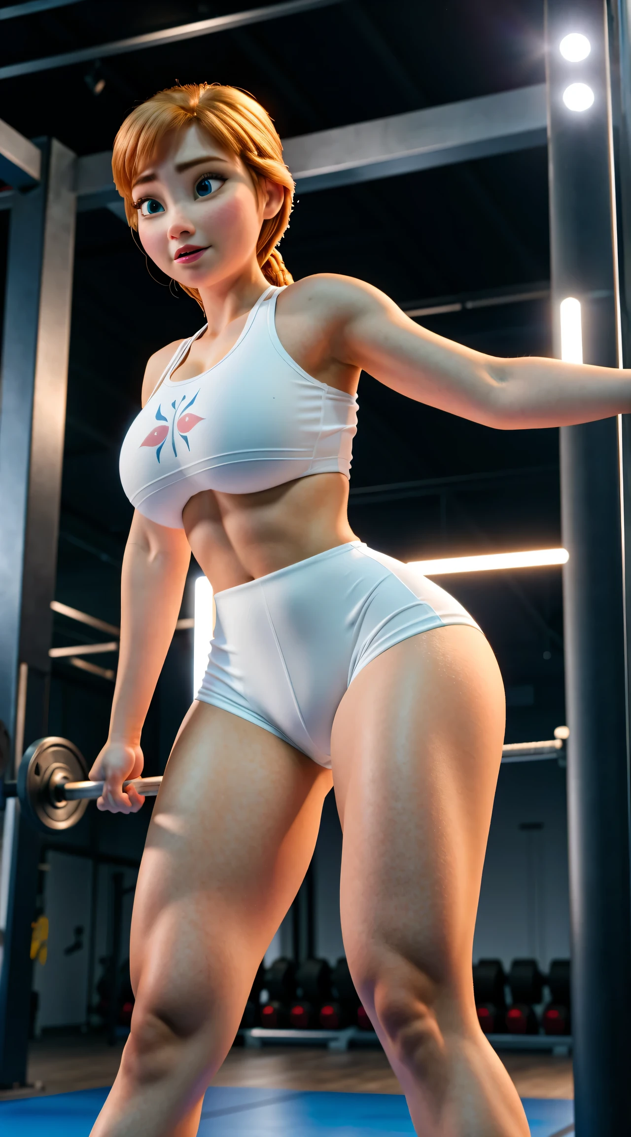 Photo of Anna of Arendelle wearing white gym outfit, Nice, show breasts, huge breasts, tall, sexy legs, bursting huge breasts