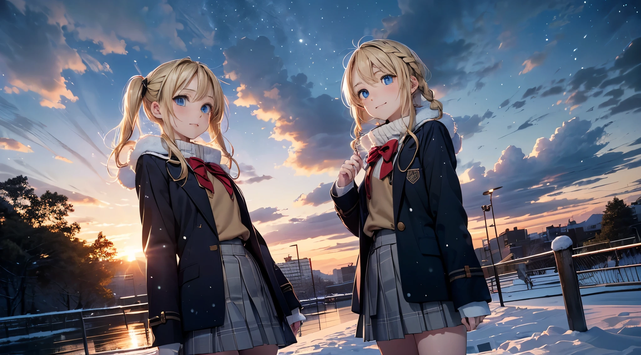 masutepiece,8K,octans, Skysky, stele(Skysky), landscapes, starrysky, natta, looks at the camera, (Legs without stockings:1.iercing gaze, nigh sky, report, plein air, built, clouds, milkyway, 城市, silhuette, Cityscape,(Short, Low twin-tailed blonde hair:1.2), (Deep Blue Eyes:1.iercing gaze, small smile, (winter school uniform:1.1)