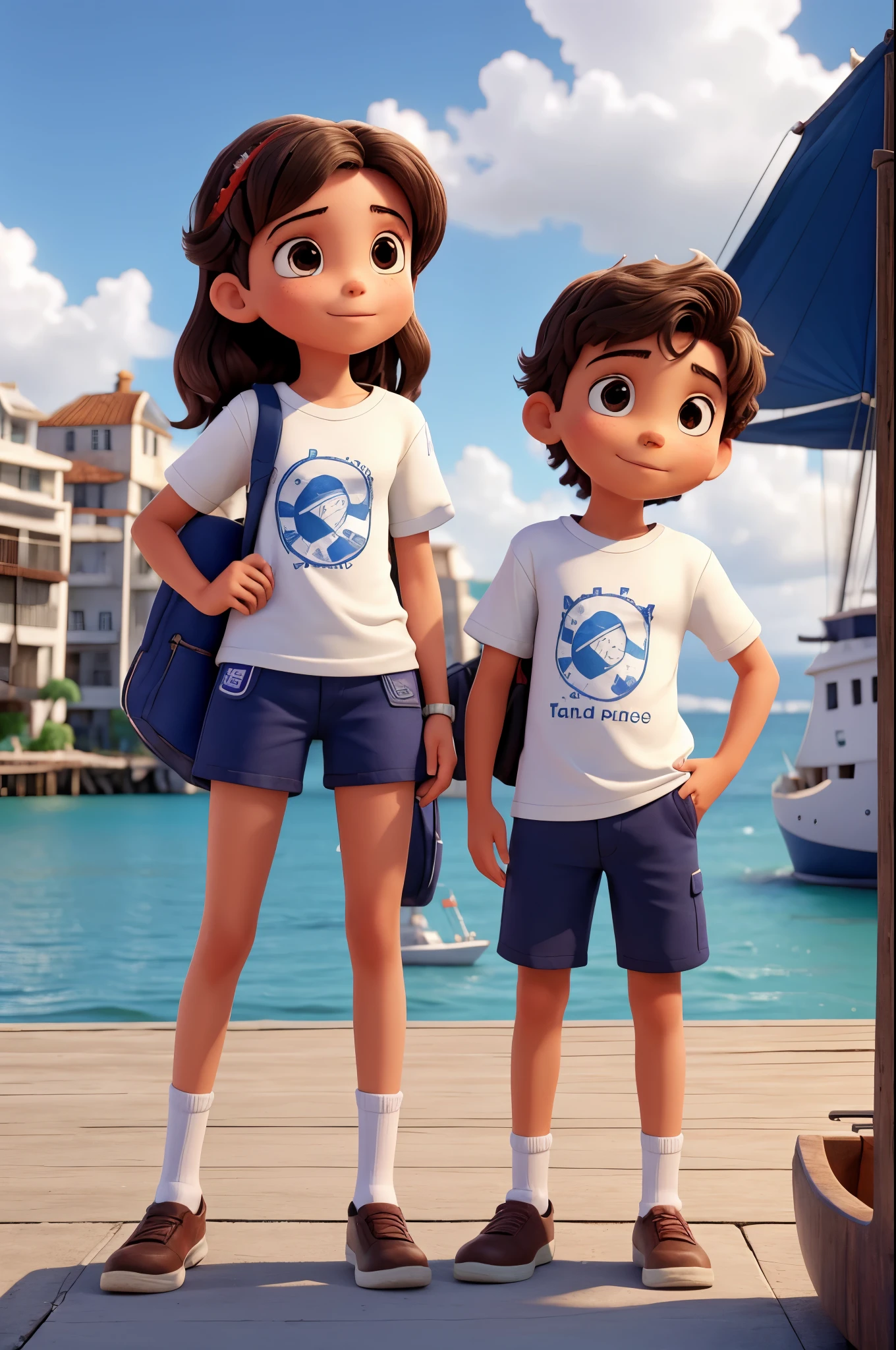 menino e menina de 12 anos, vestindo bermuda e camiseta, ao lado de pequeno barco, no pier, lagoa