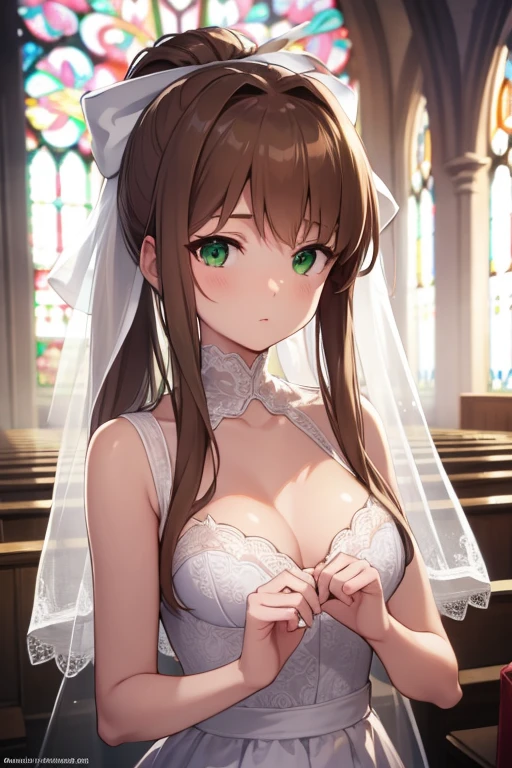 ddlcmonika, ddlcmonika, blunt bangs, brown hair, (green eyes:1.5), long hair, ponytail, ribbon, white ribbon, hair ribbon, sidelocks,
BREAK wedding dress, white gloves, white veil,
BREAK looking at viewer,
BREAK in a church
BREAK (masterpiece:1.2), best quality, high resolution, unity 8k wallpaper, (illustration:0.8), (beautiful detailed eyes:1.6), extremely detailed face, perfect lighting, extremely detailed CG, (perfect hands, perfect anatomy),