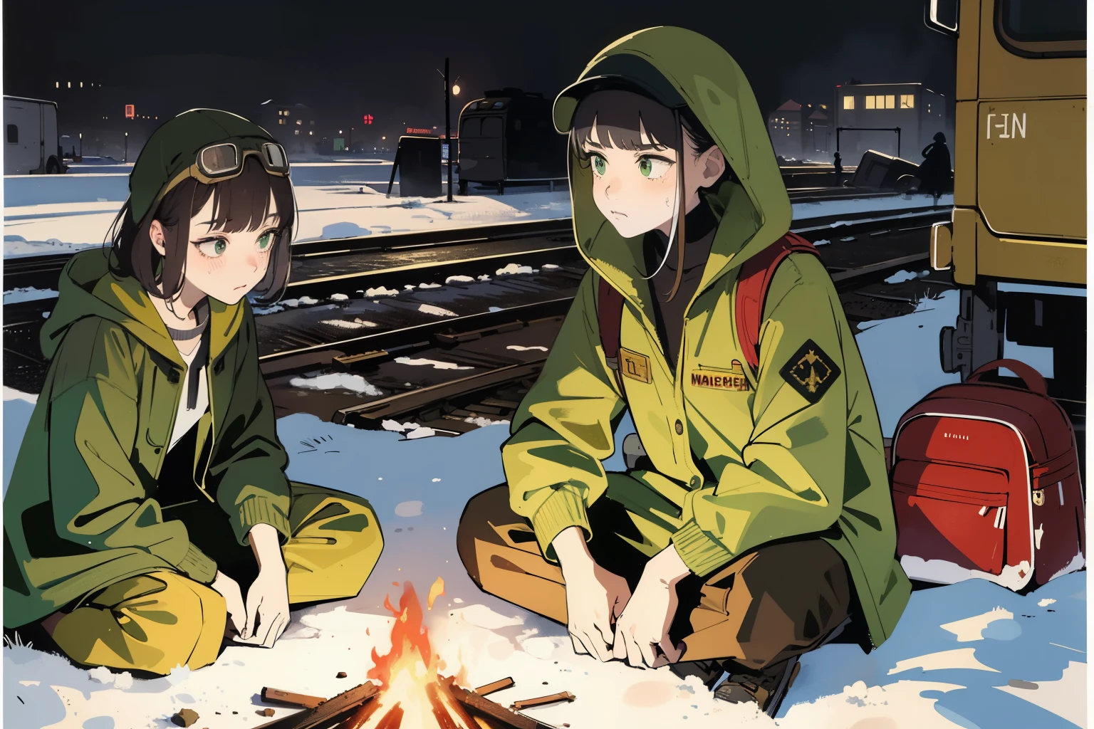 masterpiece, best quality, 2girls, (closeup), (capmfire), 18yo , slim, small breast, sitting on floor  around the campfire, sad, tired, dirty face, green raincoat, hoods on, goggles on head, (backpacks), military pants, train station, abandoned trains, desolate, night, dark, snow, winter, dirt, grey, watercolor