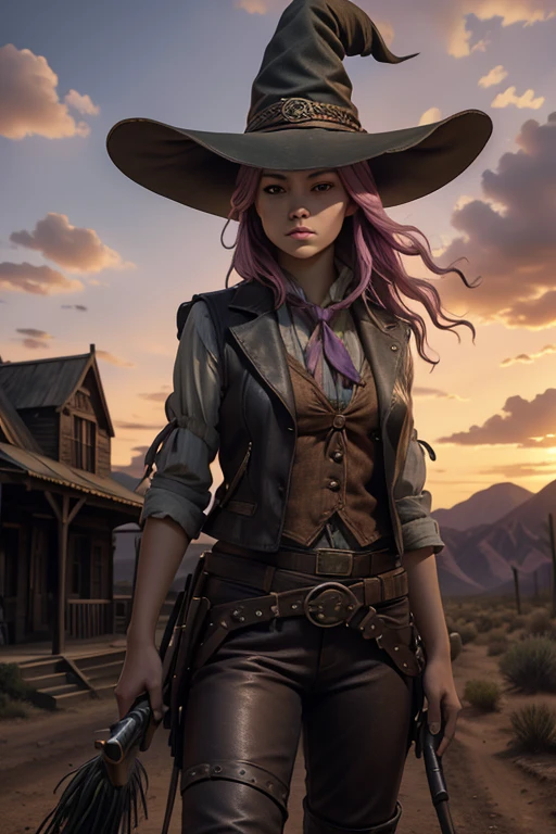 best quality, 4k, highres,masterpiece:1.2),ultra-detailed,realistic,photorealistic:1.37,wild west style,long windblown pink hair,purple eyes,sexy young woman,leather vest and pants,horse riding boots,sunset in the background,desert landscape,broom stick, shotgun,(witch hat:1.3),feather accessories,old wooden sign,spooky abandoned house,cactus and tumbleweed,vivid colors,magical aura,sharp focus,dusk lighting,beautiful face