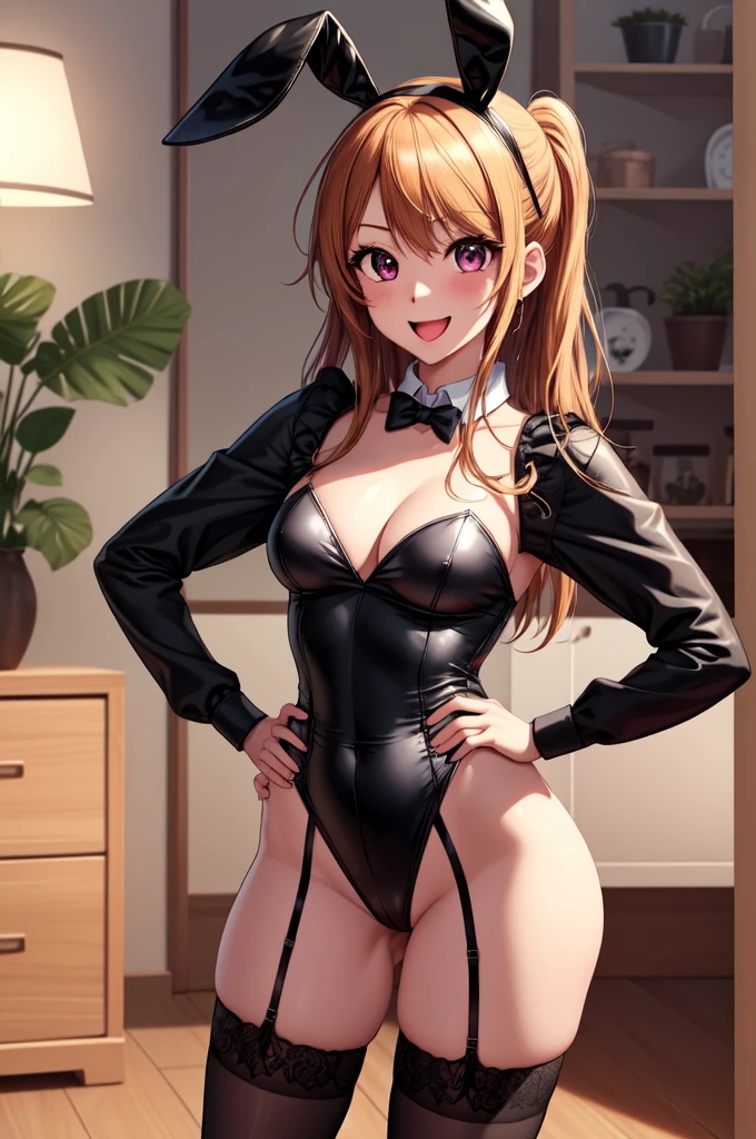 anime, beautiful face, highly detailed face, 2 accurate legs detailed eyes, highly detailed background, perfect lighting, accurate arms, accurate hands, accurate fingers, full body, 1girl, solo, ruby hoshino, oshi no ko, indoors, heels, thighhighs, garter stockings, indoors, absurdres, high res, ultrasharp, 8K, masterpiece, smiling with compassion, open mouth smile, bunny ears hair accessories, black sexy bunny outfit, revealing bunny outfit, hands on hips, ass view, looking over her shoulders
