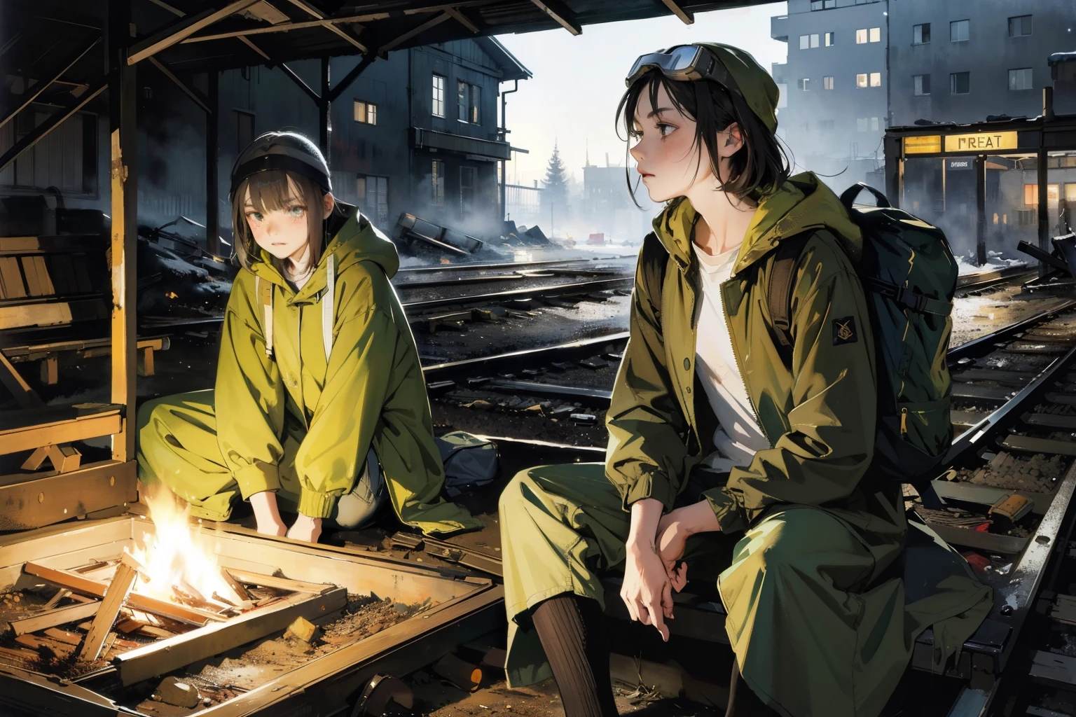 masterpiece, best quality, 2girls, (closeup), (capmfire), 18yo , slim, small breast, sitting on floor  around the campfire, sad, tired, dirty face, green raincoat, hoods on, goggles on head, (backpacks), military pants, train station, abandoned trains, desolate, night, dark, snow, winter, dirt, grey, watercolor
