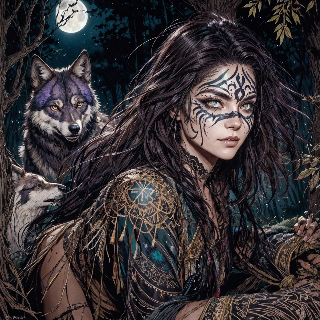 ncient Greek huntress Commanding a wolf pack and ravens, Messy feral hair, glowing wild eyes with glowing face paint. Moonlit forest background. Deep, rich colors and intricate details. Carne Griffiths and Charles Vess