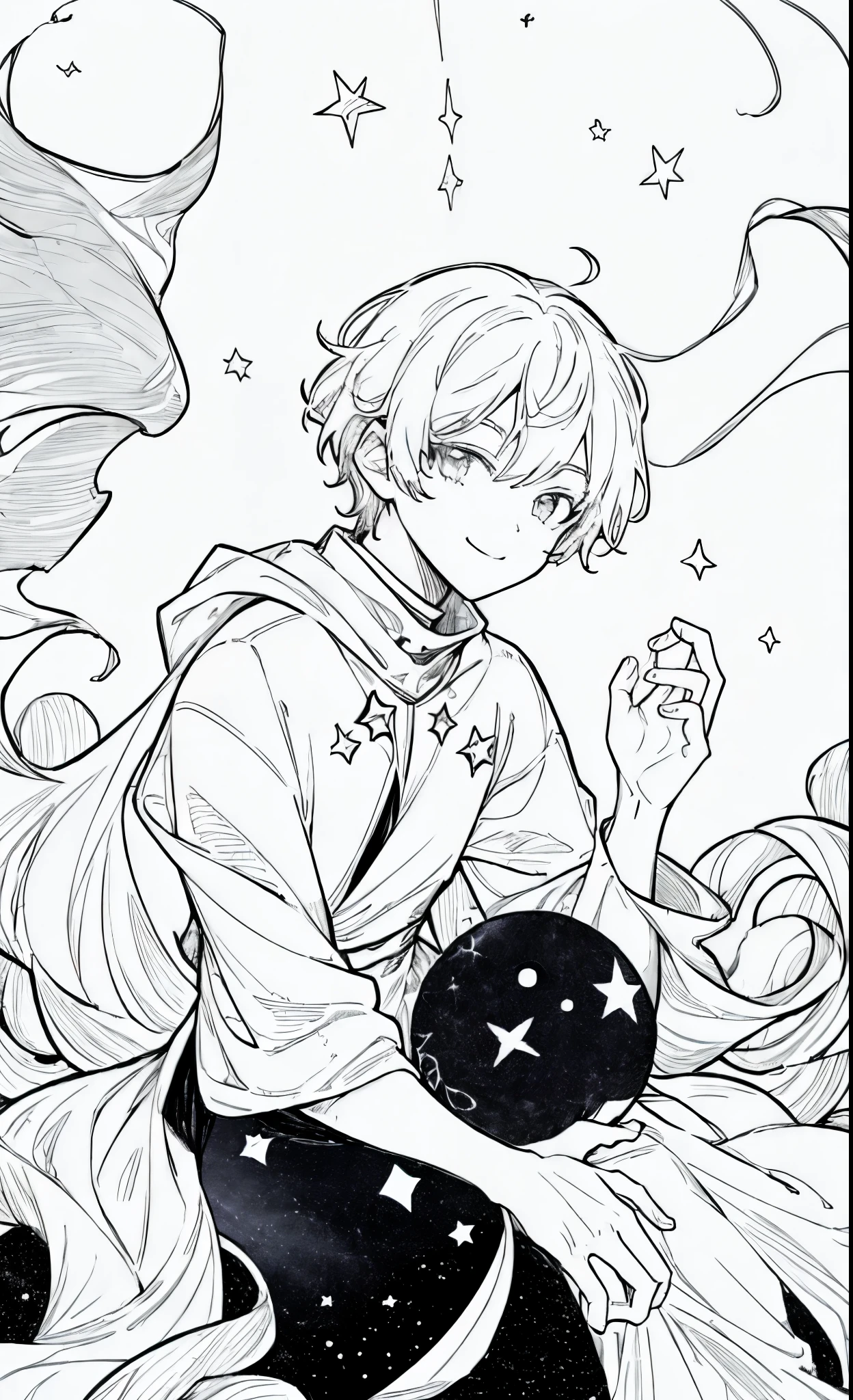 (best quality, masterpiece), 1 boy, galaxy, glitter, costume, particle, wind, stars, upper body, dark simple background, looking at the stars, sitting in the moon, looking at viewer, lightly smiley face, manga style, manga, black and white