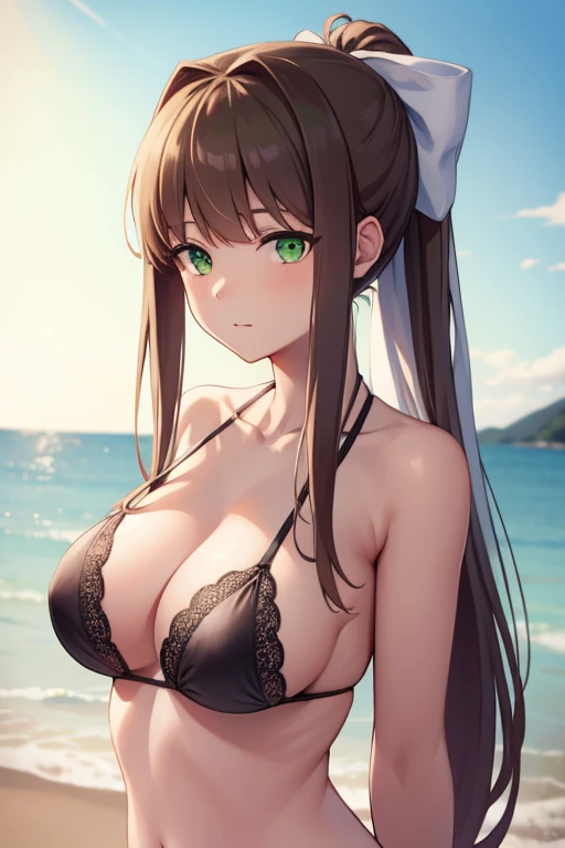 ddlcmonika, ddlcmonika, blunt bangs, brown hair, (green eyes:1.5), long hair, ponytail, ribbon, white ribbon, hair ribbon, sidelocks,
BREAK ((black lace bra)), ((black bikini:1.4))
BREAK looking at viewer, hands on chest
BREAK beach background
BREAK (masterpiece:1.2), best quality, high resolution, unity 8k wallpaper, (illustration:0.8), (beautiful detailed eyes:1.6), extremely detailed face, perfect lighting, extremely detailed CG, (perfect hands, perfect anatomy),
