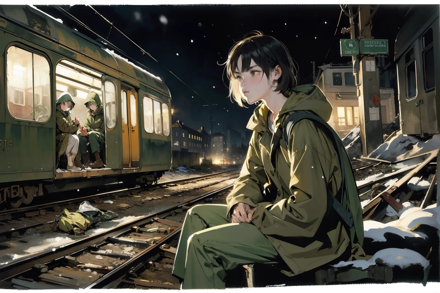 masterpiece, best quality, 2girls, (closeup), (capmfire), 18yo , slim, small breast, sitting on floor  around the campfire, sad, tired, dirty face, green raincoat, hoods on, goggles on head, (backpacks), military pants, train station, abandoned trains, desolate, night, dark, snow, winter, dirt, grey, watercolor