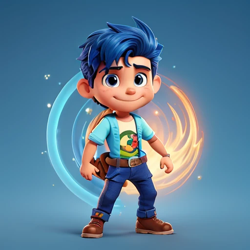 comic boy character, sorrindo, fantasiado de ninja, olhos azuis, cabelos longos e loiros, capuz tipo ninja, correndo, hero pose, camisa azul escuro, orange pants, joelheira azul, botas cor cinza estilo militar, luvas de motoqueiro, fundo branco
