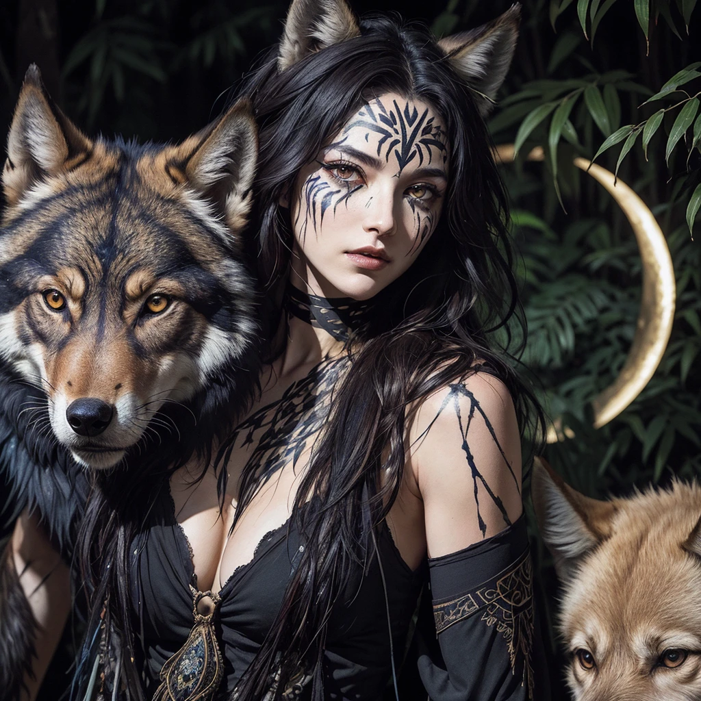 ancient Greek huntress Commanding a wolf pack and ravens, Messy feral hair, glowing wild eyes with glowing face paint. Moonlit forest background. Deep, rich colors and intricate details. Carne Griffiths and Charles Vess