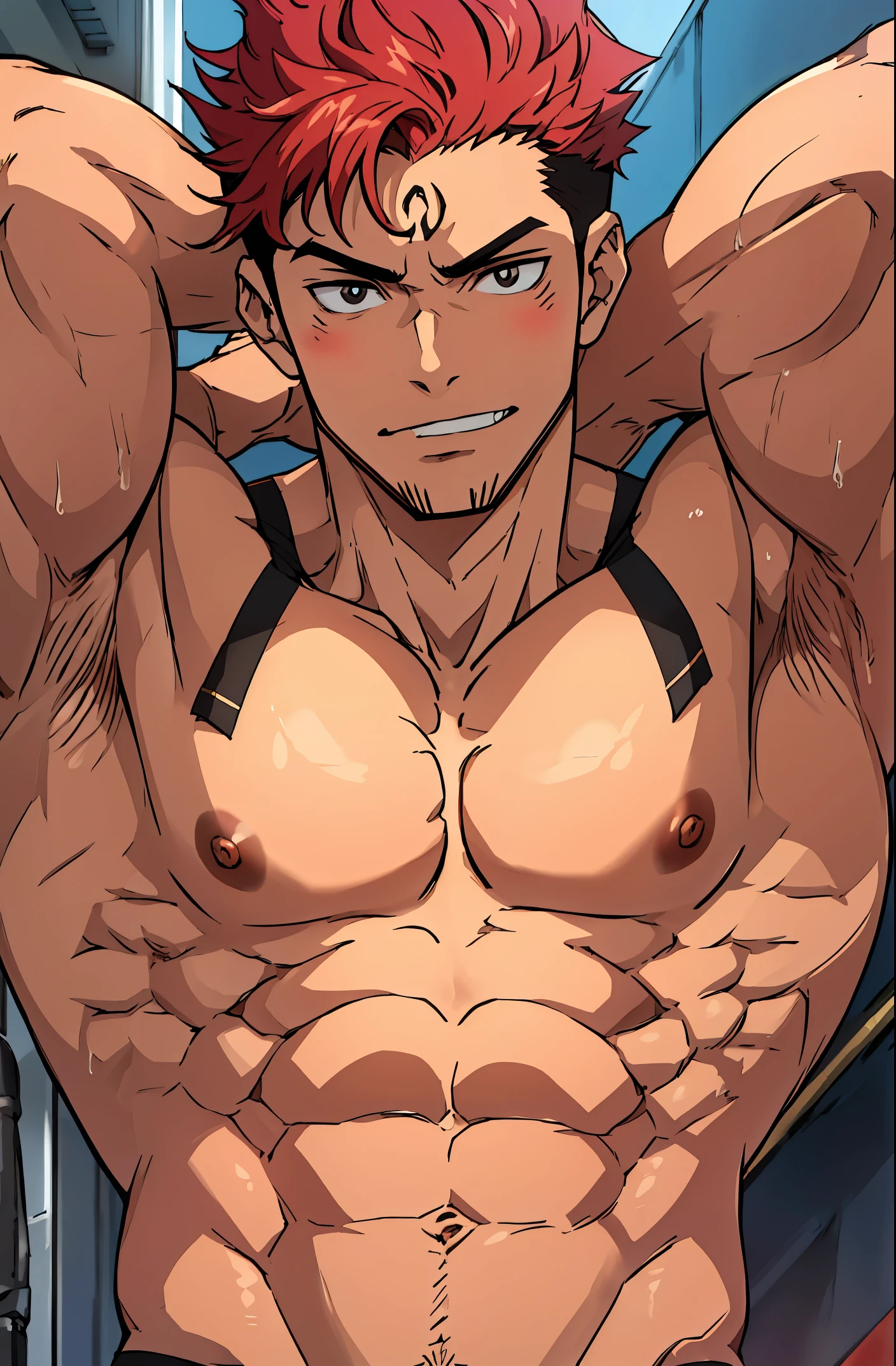 A mais alta qualidade de imagem，Pessoas do sexo masculino，1 menino，jovem e bonito，Red Hair ，Cabelo liso curto，Pele escura，Anime peito grande，anime wallpaper，sozinho，Foco Masculino，cuecas，Dilation of the pectoral muscles，Virilha saliente，Fundo Urbano，Espalhe as pernas，sexy,(master part, best quality),meias brancas longaotas Red Martin，without the shirt, flexing your muscles, Mostrando os musculos