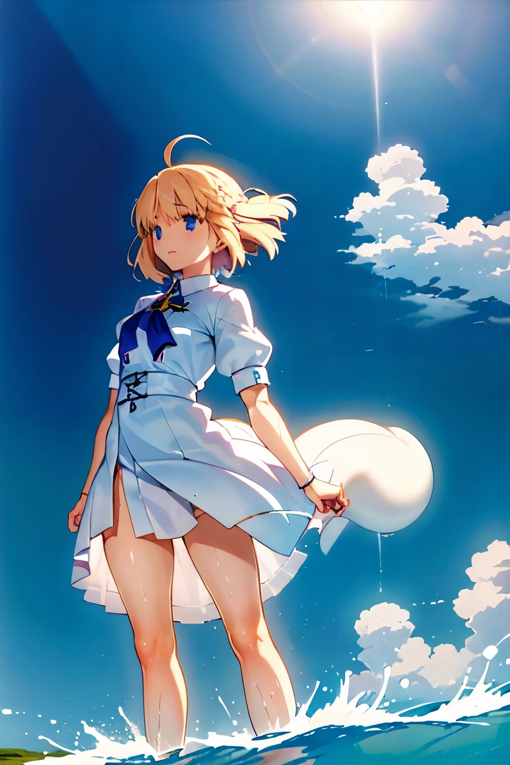 Takashi Takeuchi、Tsukihime、guardian (Brunestad)、1 girl、Ahoge、(uma loira:1.3)、uma minissaia、(saia azul:1.3)、olhos vermelhos、short hair、saia de pele、Sorria de boca aberta、(sozinho) 、usando um biqui curto、Coxas musculosas、ao ar livre、ao ar livre、 sky blue、standing on her feet, barriga musculosa, quadris largo, cintura fina, unhas grandes vermelhas, usando um sapato de salto alto vermelho, 、pernas lindas、