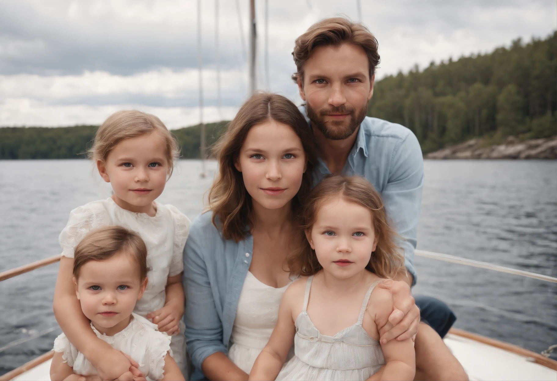 Contemporary photo of a young family on a sailboat, set in the archipelago of Stockholm