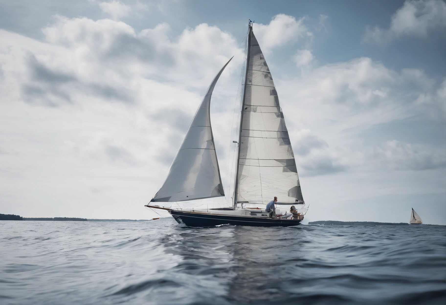 Contemporary photo of a young family on a sailboat, set in the archipelago of Stockholm