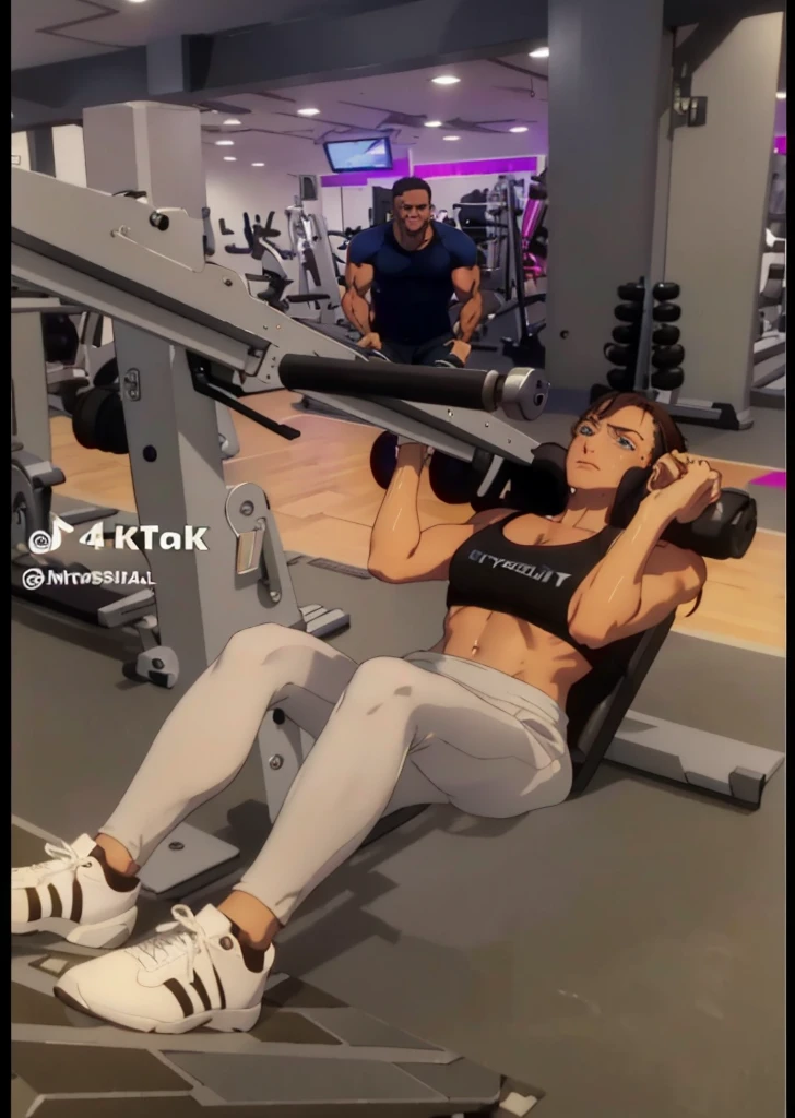 (best quality,4k,8k,highres,masterpiece:1.2),ultra-detailed,(realistic,photorealistic,photo-realistic:1.37), [portraits],[landscape], professional,gym, cute girl, training, leg press machine, legs bent, abdomen marked, hands holding, sweating, determination