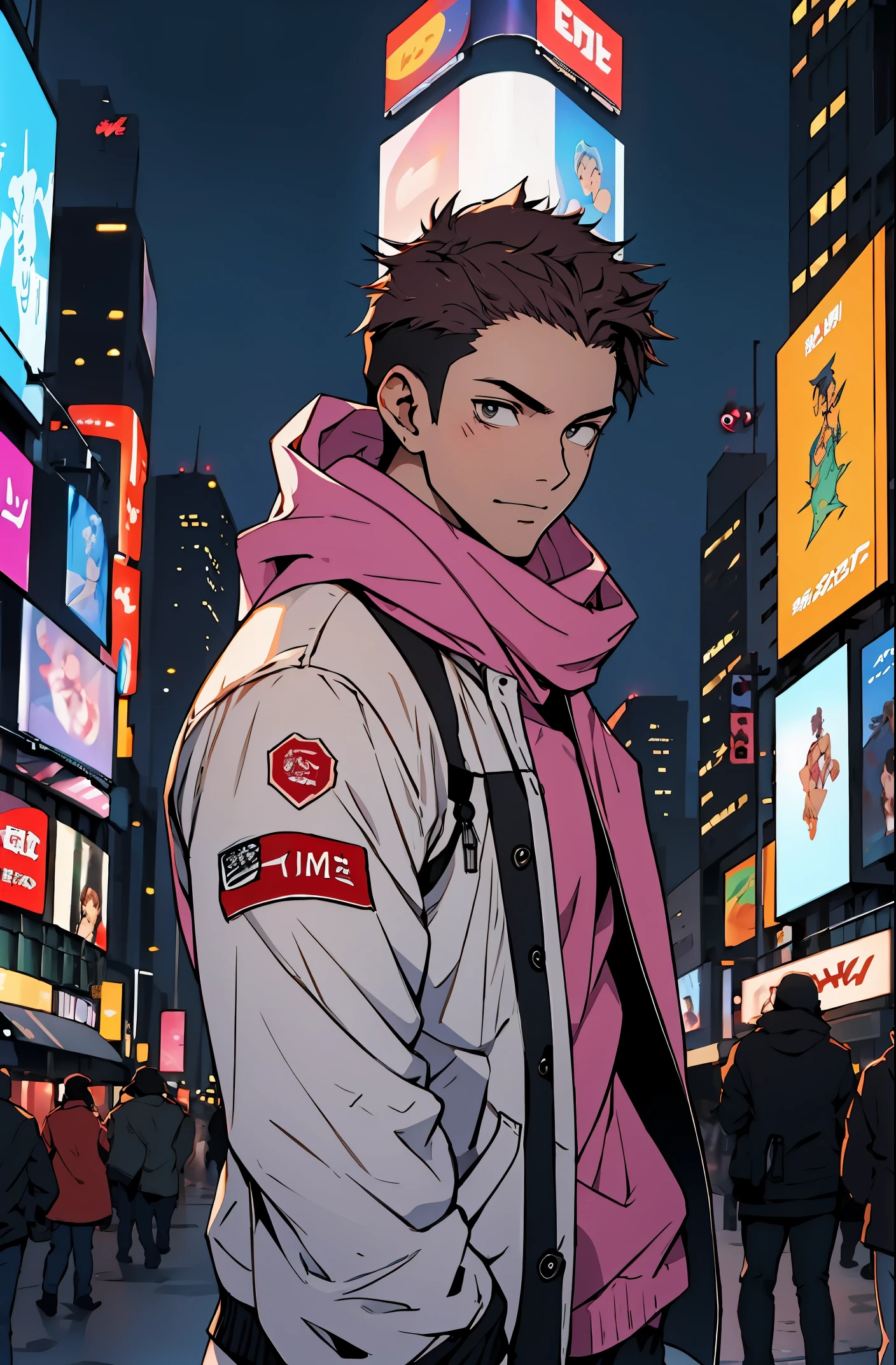 A mais alta qualidade, 8K, image high resolution, good ilumination, sombras detalhadas, Detailed strokes, no meio de uma avenida movimentada estilo Times Square de noite , inverno, apoiado em um dos postes, adolecente, Yuji Itadori, Dark Pink Hair , wearing a cold jacket , masculo , Tight chest in jacket , (angulo de baixo), (Angulo de Perto), pernas definidas, defined arms, com a camisa,