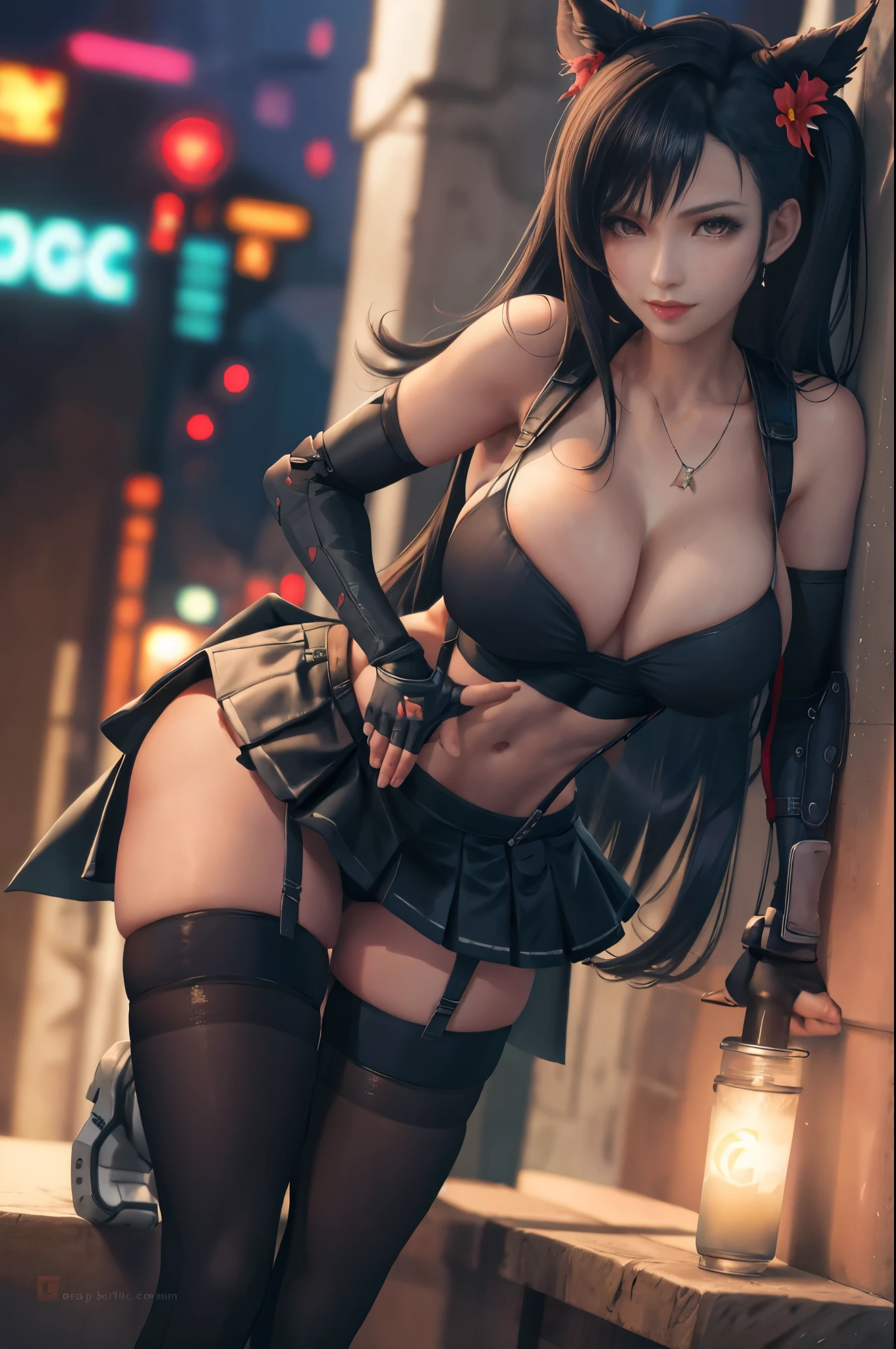 (8k, best quality, masterpiece:1.2), (realistic, photo-realistic), ultra-detailed, 1 girl,cute, solo, (tifa lockhart), (huge breasts), (smile:1.2), (closed mouth), erotic pose, posing, neon lights, cityscape, depth of field, depth of field, good composition, Final Fantasy VII, ankle boots, black hair, black thighhighs, red boots, elbow gloves, elbow pads, fingerless gloves, taut shirt, sports bra, (suspenders attached to skirt), thighhighs, (white sports bra), full body, very long hair, ((red_eyes)), yellow flowers, (night), bokeh, cinematic lighting, nsfw, perfect breasts, sakimichan style