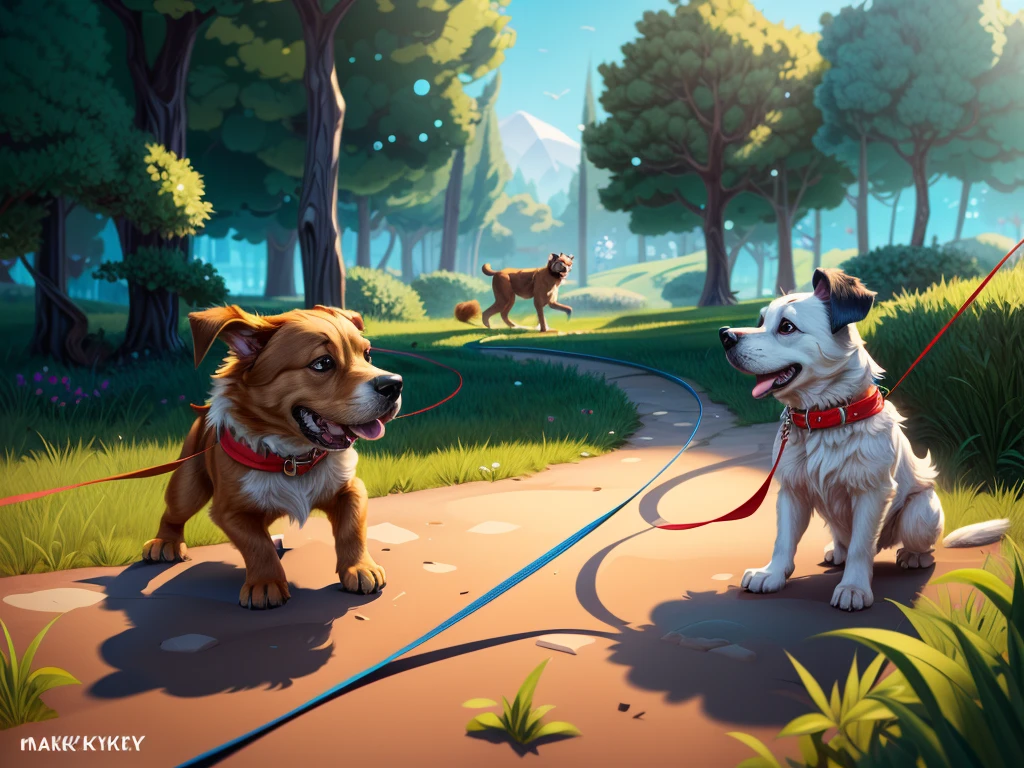 cartoon drawing of two dogs on a leash in a park, animated disney movie inking, published concept art, stylized linework, whole page illustration, by Istvan Banyai, concept art for a video game, by Maksimilijan Vanka, colorkey scene, cartoon concept art