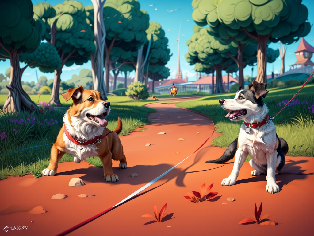 cartoon drawing of two dogs on a leash in a park, animated disney movie inking, published concept art, stylized linework, whole page illustration, by Istvan Banyai, concept art for a video game, by Maksimilijan Vanka, colorkey scene, cartoon concept art