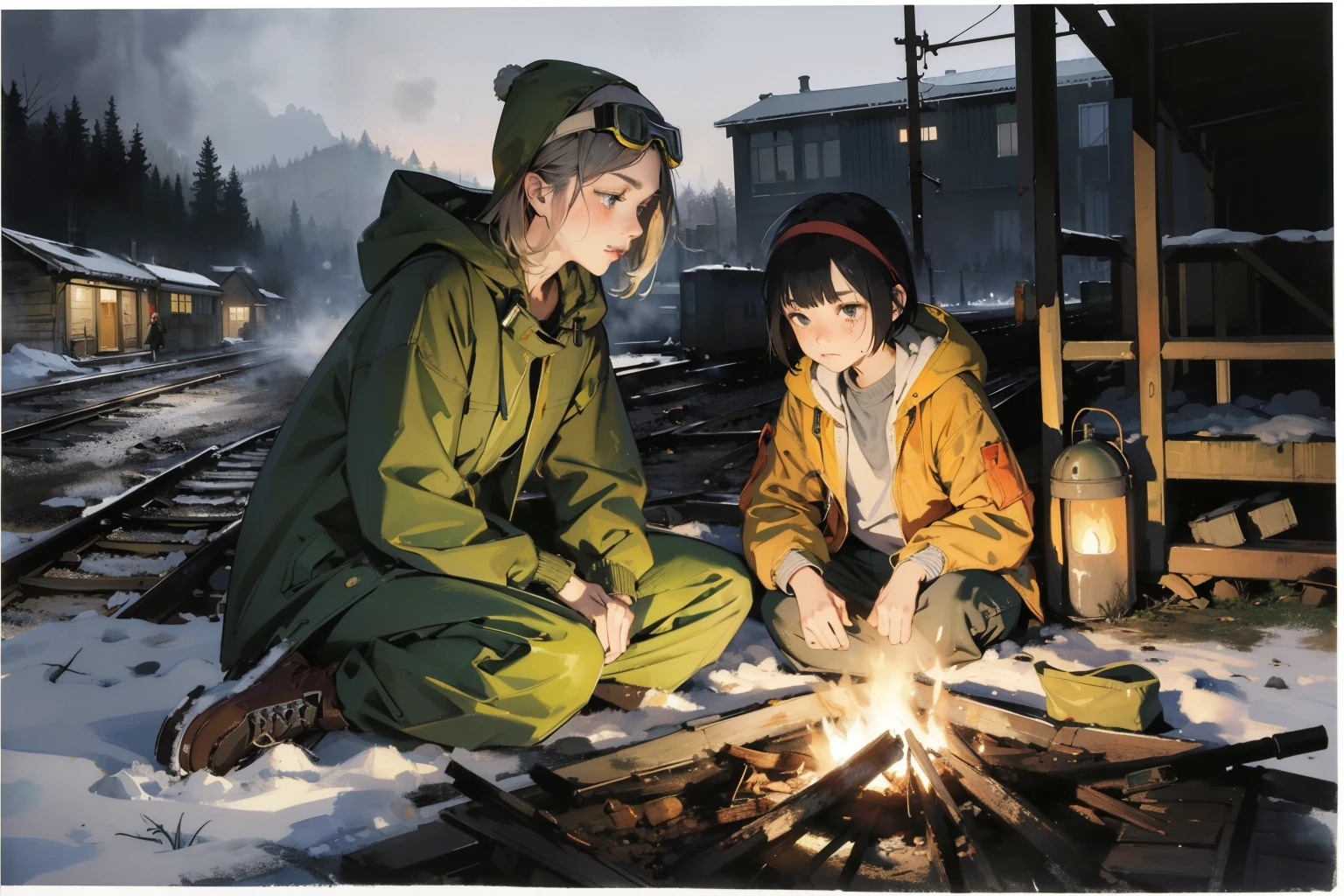 masterpiece, best quality, 2girls, (closeup), (capmfire), 18yo , slim, small breast, sitting on floor  around the campfire, sad, tired, dirty face, green raincoat, hoods on, goggles on head, (backpacks), military pants, train station, abandoned trains, desolate, night, dark, snow, winter, dirt, grey, watercolor