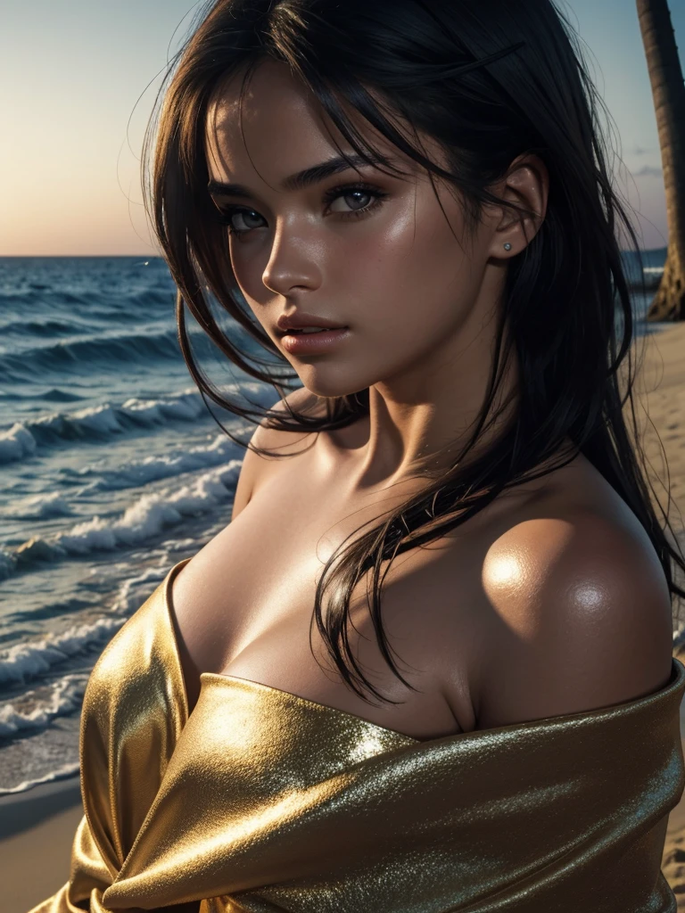 aria giovanni, peeing in the sand, beach, detailed realistic 3D render, 1girl, beautiful detailed eyes, beautiful detailed lips, extremely detailed face, long eyelashes, peaceful expression, standing, wet clothes, golden hour lighting, ocean waves, soft focus, cinematic, dramatic colors, vibrant colors, warm color palette