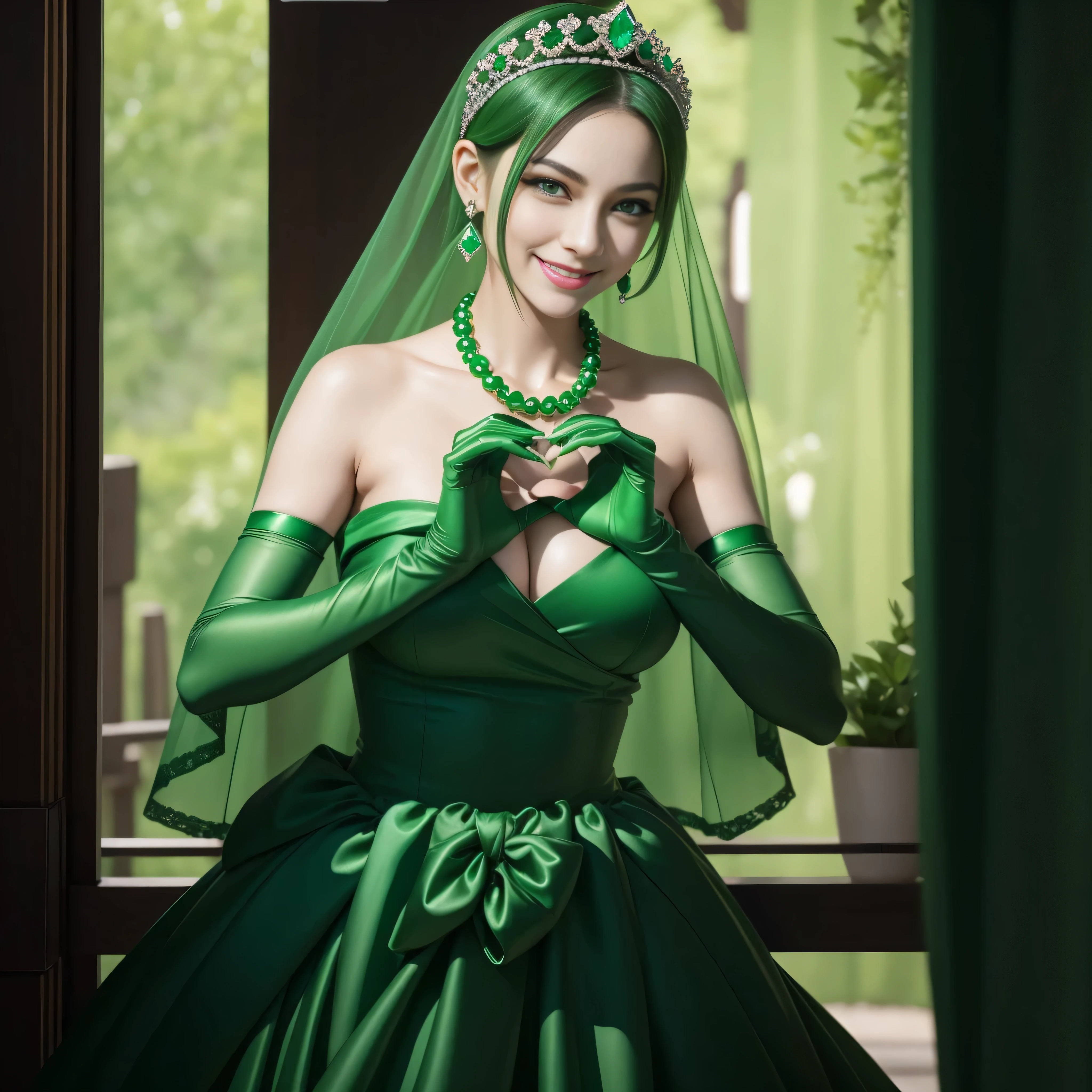 emerald tiara, Green Pearl Necklace, Boyish very short green hair, lipsticks, Japan woman smiling, very short short hair, big breasts beautiful, Green eyes, Long green gloves made of satin material, Green eyes, Emerald Earrings, green vale, Heart with both hands
