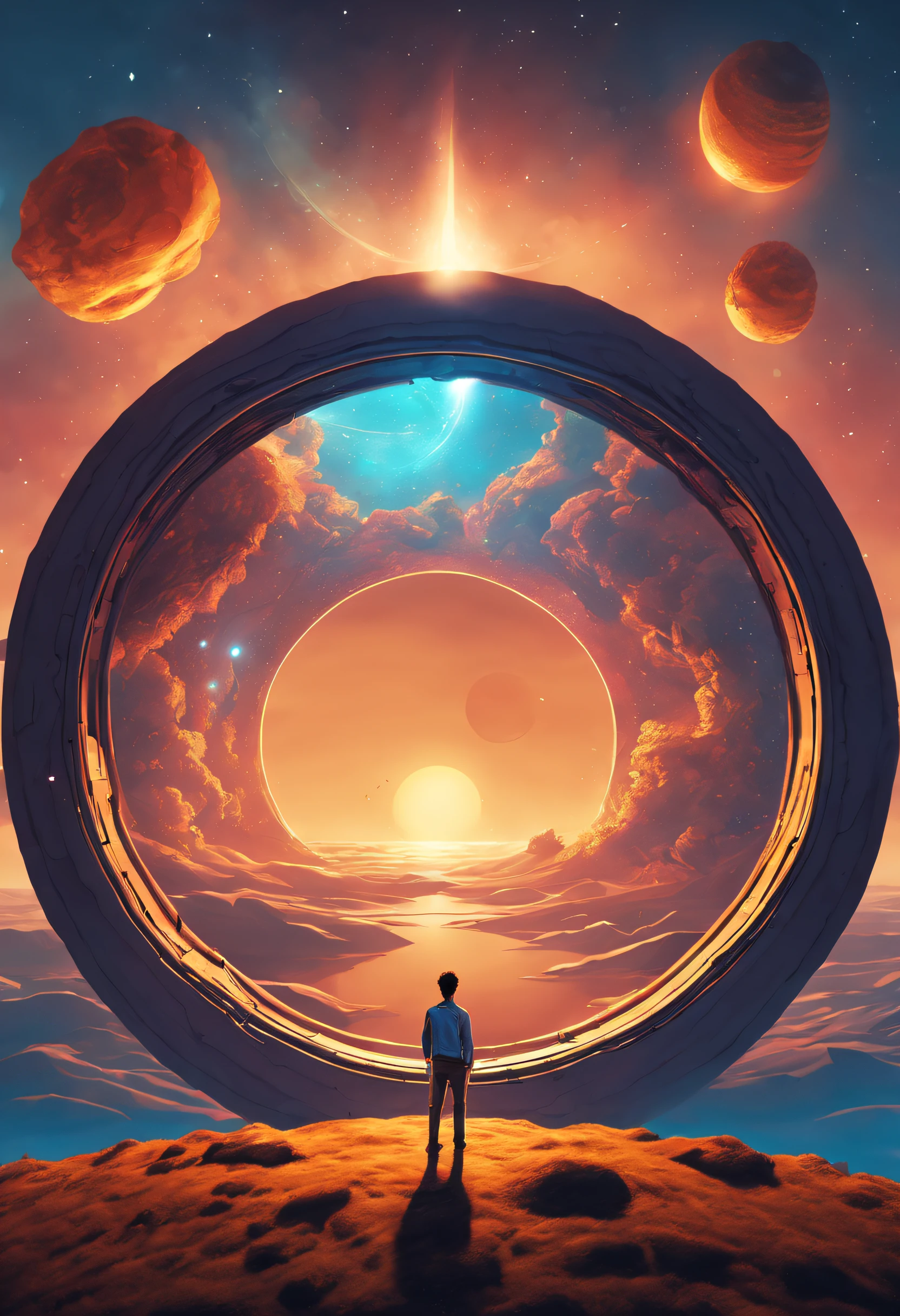 a man standing in front of a space portal with a view of the sun, cyril rolando and goro fujita, portal to another universe, inspired by Cyril Rolando, portal to another dimension, world seen only through a portal, high quality fantasy stock photo, portal to another world, portal to outer space, in style of cyril rolando, looking out into space