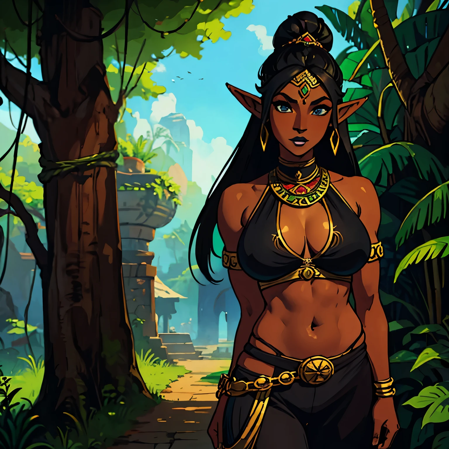 1girl athletic gerudo, elf ears, dark lipstick, black hair, (dark skin:0.7), (detailed face:1.1), portrait travelling merchant very wide hips, big boobs, aztec style outfit, long pants jungle outdoors, masterwork, best quality, highly detailed