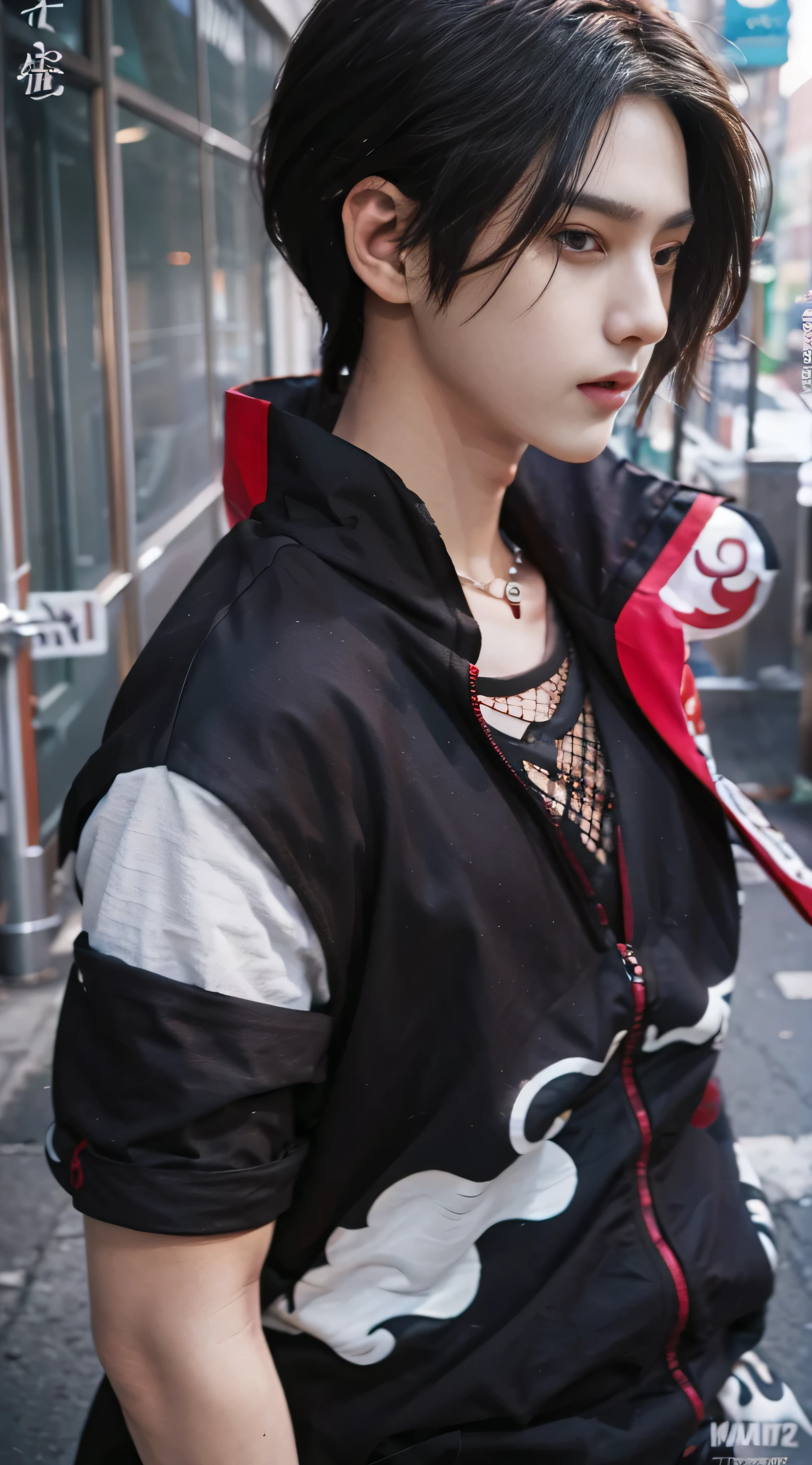 ((4K works))、masterpiece、(top-quality)、((high-level image quality))、((One Manly Boy))、Slim body、((Date Cosplay))、((Uchiha Itachi))、((Cosplay))、(Detailed beautiful eyes)、((Smaller face))、((Neutral face))、((18year old))、((Handsome man))、((photo of a model))、((Like a celebrity))、Professional Photos、((cosplay foto))、((Shot alone))、((shot from a side angle))、((Naruto's Akatsuki Costume))