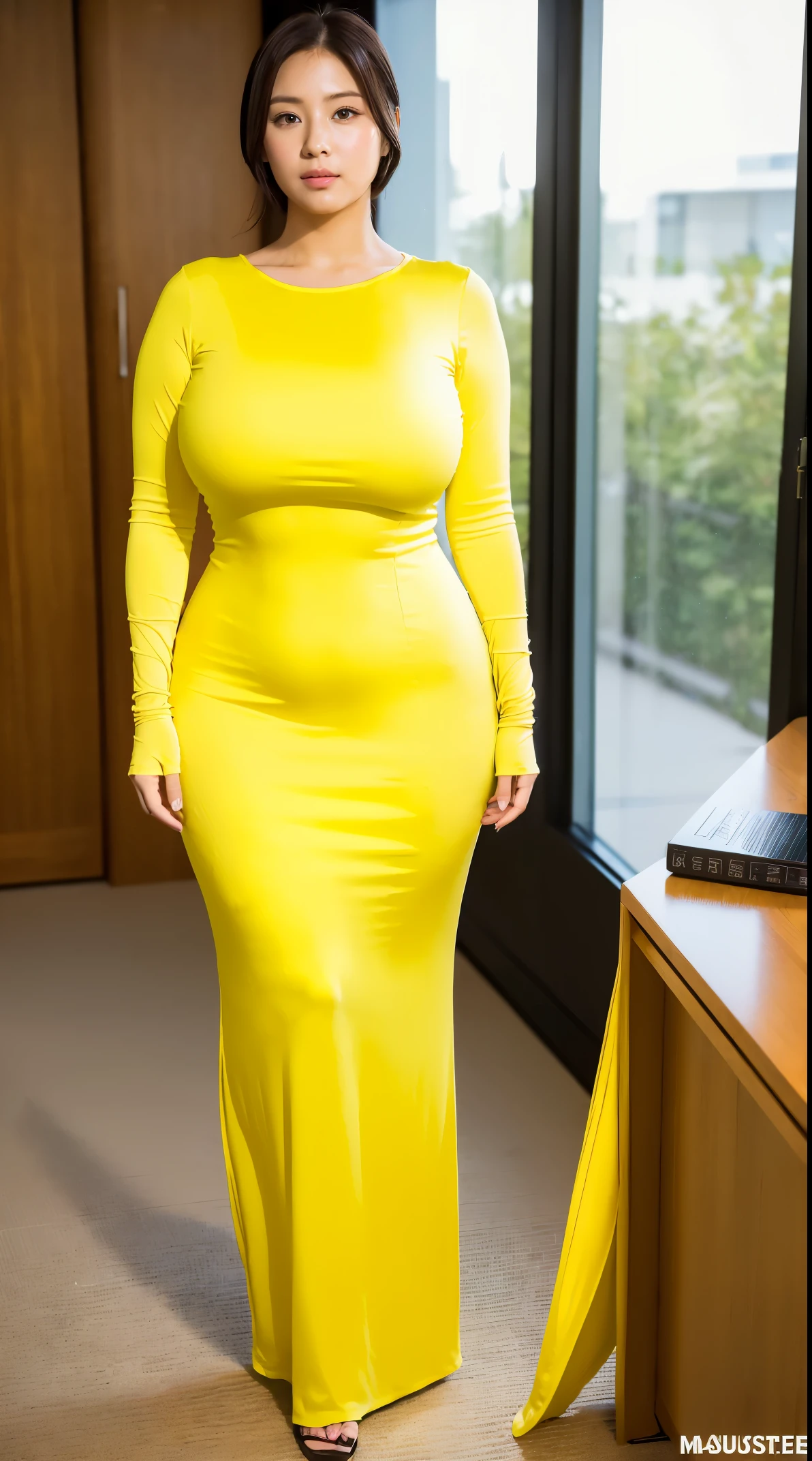 (masutepiece,High quality:1.3),(depth of fields:1.3) ,((front body:1.35)), Japanese ,woman, natural makeup,standard height, (yellow Long Sleeve Round neck Maxi Tight Dress:1.2), (huge breasts:1.5), thicc, curvy,(Looking at Viewer:1.3),(full body:1.2),Inside the office by the window