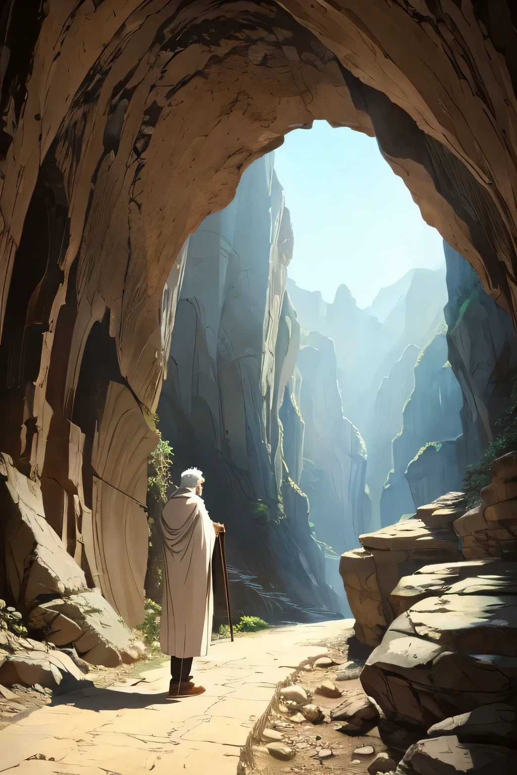 Produce a detailed anime drawing of Father Abraham within a cave setting. Depict him as a majestic figure with an ornate appearance, wearing a white and brown robe. Surround him with dark brown rocks resembling a suit of armor, emphasizing the protective and resilient nature of his journey. Highlight deep brown eyes to convey the depth of Abraham's faith. Ensure intricate details in his surroundings and posture to capture the essence of this significant biblical figure in an anime style.
