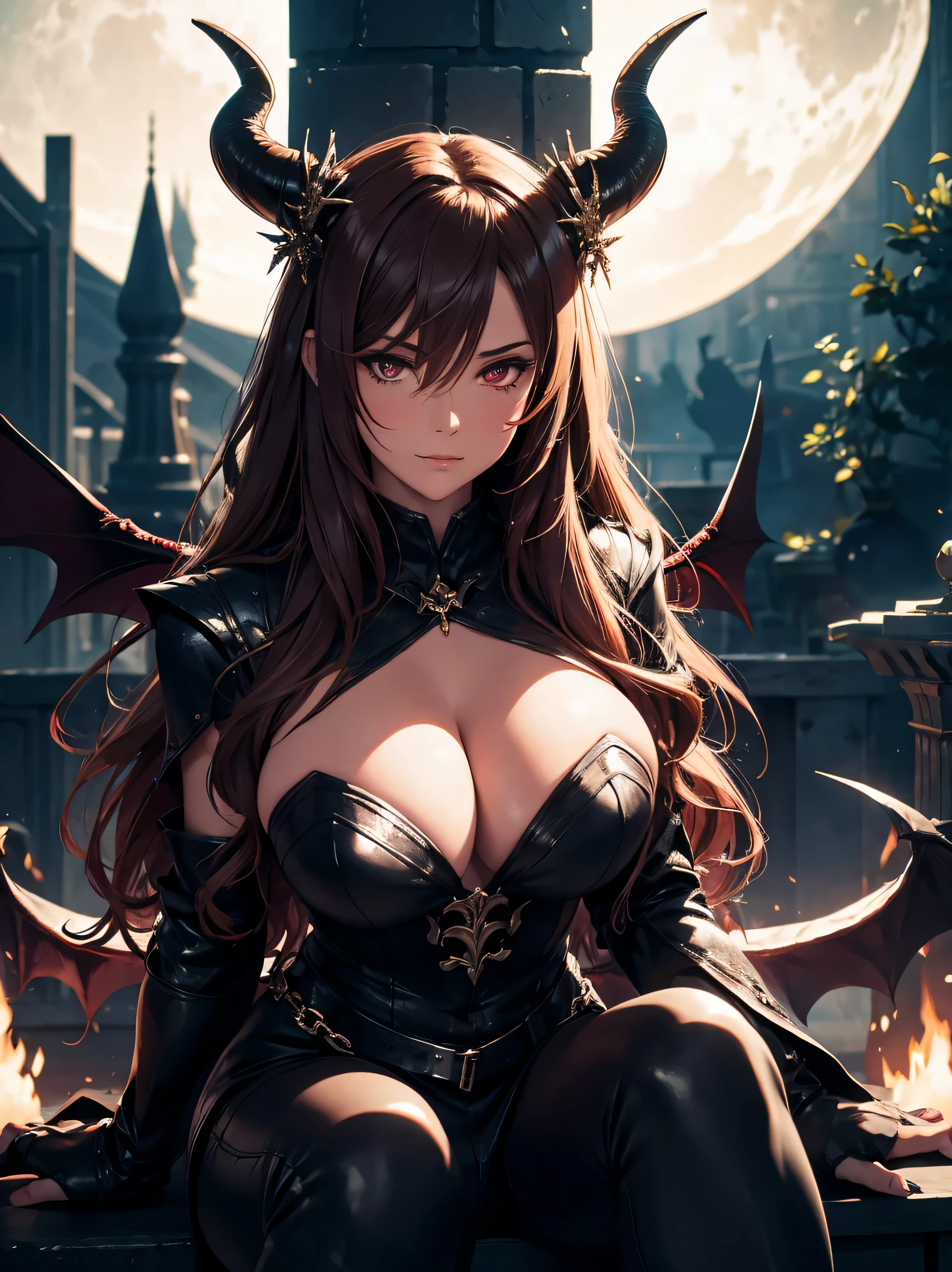 Fantasy, night, 4k, high detailed, Cinematic scene and lighting, a voluptuous succubus with horns and curvy body, sitting on a huge iron throne, in the wide hall of the succubus queen, heavy Iron chains, evil, red eyes