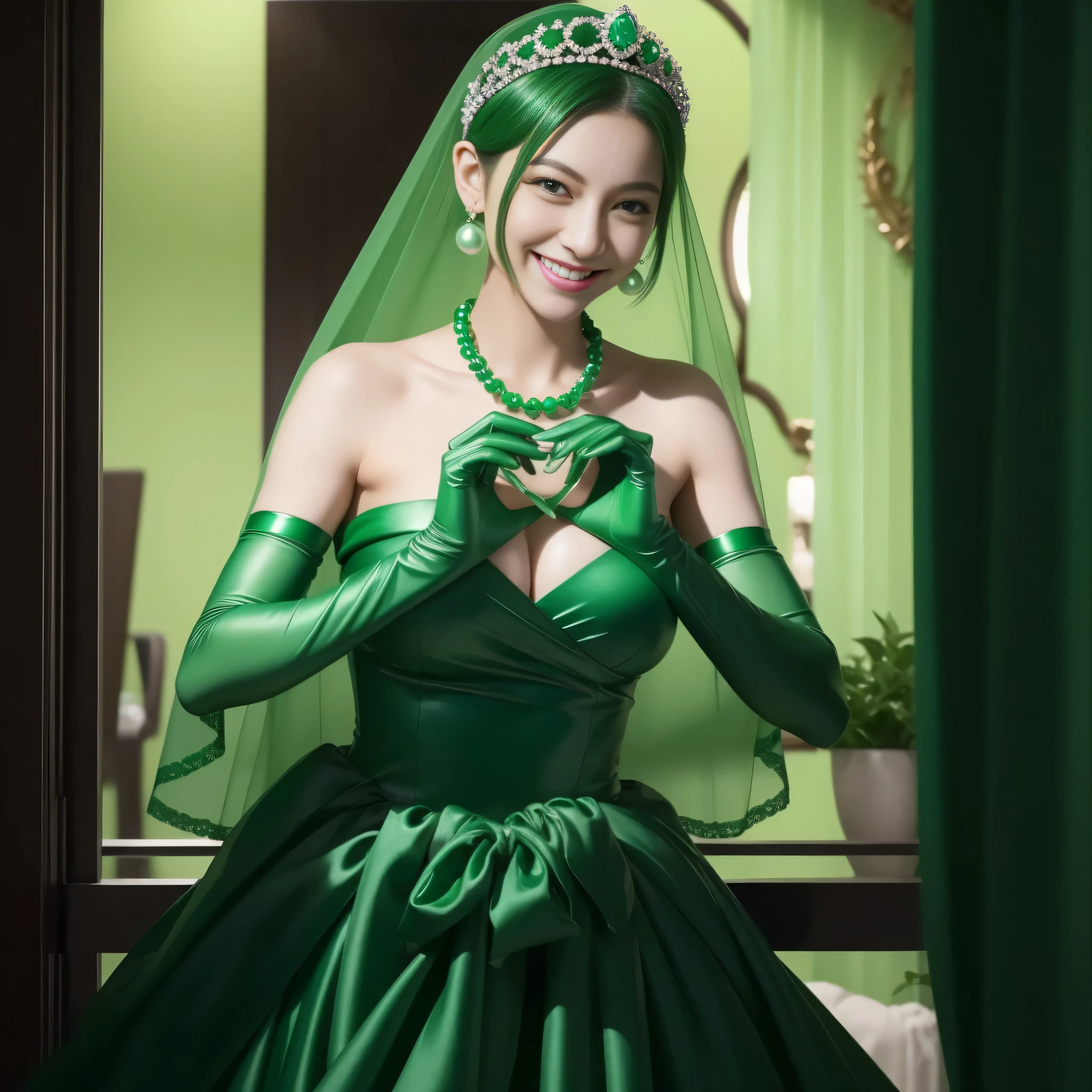 emerald tiara, Green Pearl Necklace, Boyish very short green hair, lipsticks, Japan woman smiling, very short short hair, big breasts beautiful, Green eyes, Long green gloves made of satin material, Green eyes, Emerald Earrings, green vale, Heart with both hands