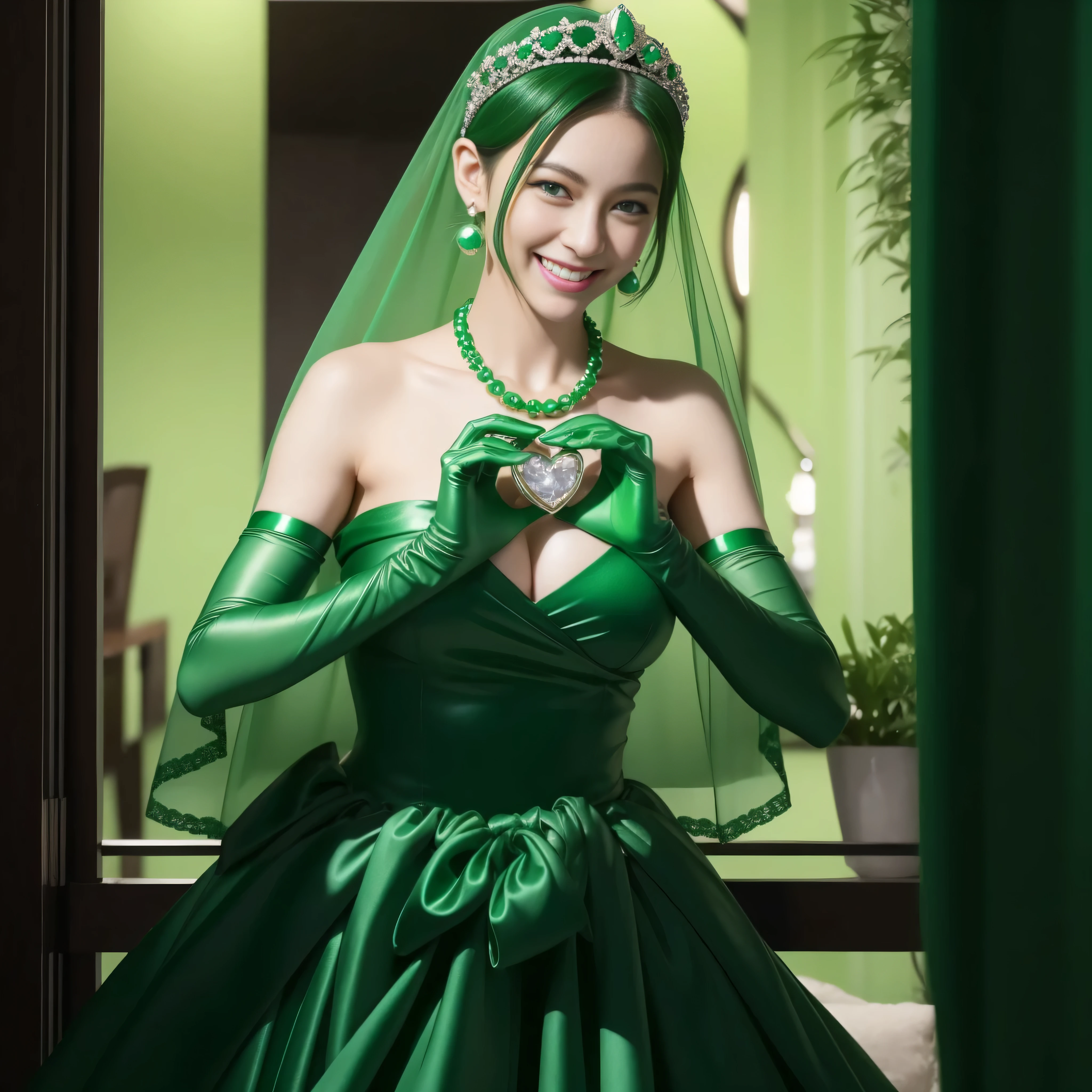 emerald tiara, Green Pearl Necklace, Boyish very short green hair, lipsticks, Japan woman smiling, very short short hair, big breasts beautiful, Green eyes, Long green gloves made of satin material, Green eyes, Emerald Earrings, green vale, Heart with both hands