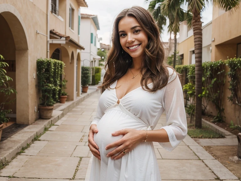 a smiling pregnant woman, sorriso perfeito, dentes perfeitos, olhos perfeitos, hands on belly, perfect hands, cabelos pretos longos perfeitos, usando vestido colorido