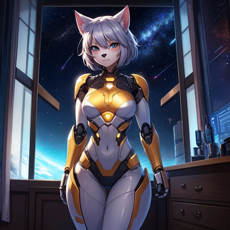 female, furry, anthro, anthromorphic,  metallic, robotic, android, robotic limbs, anthro, feline, cat, no clothes, blue and silver fur, medium short length hair, small breasts, thin body, curved thighs, standing in bedroom , hands behind back, winking, legs spread, in front of window, science fiction, stars, galaxy, star ships, at night, dim light, high quality, masterpiece,