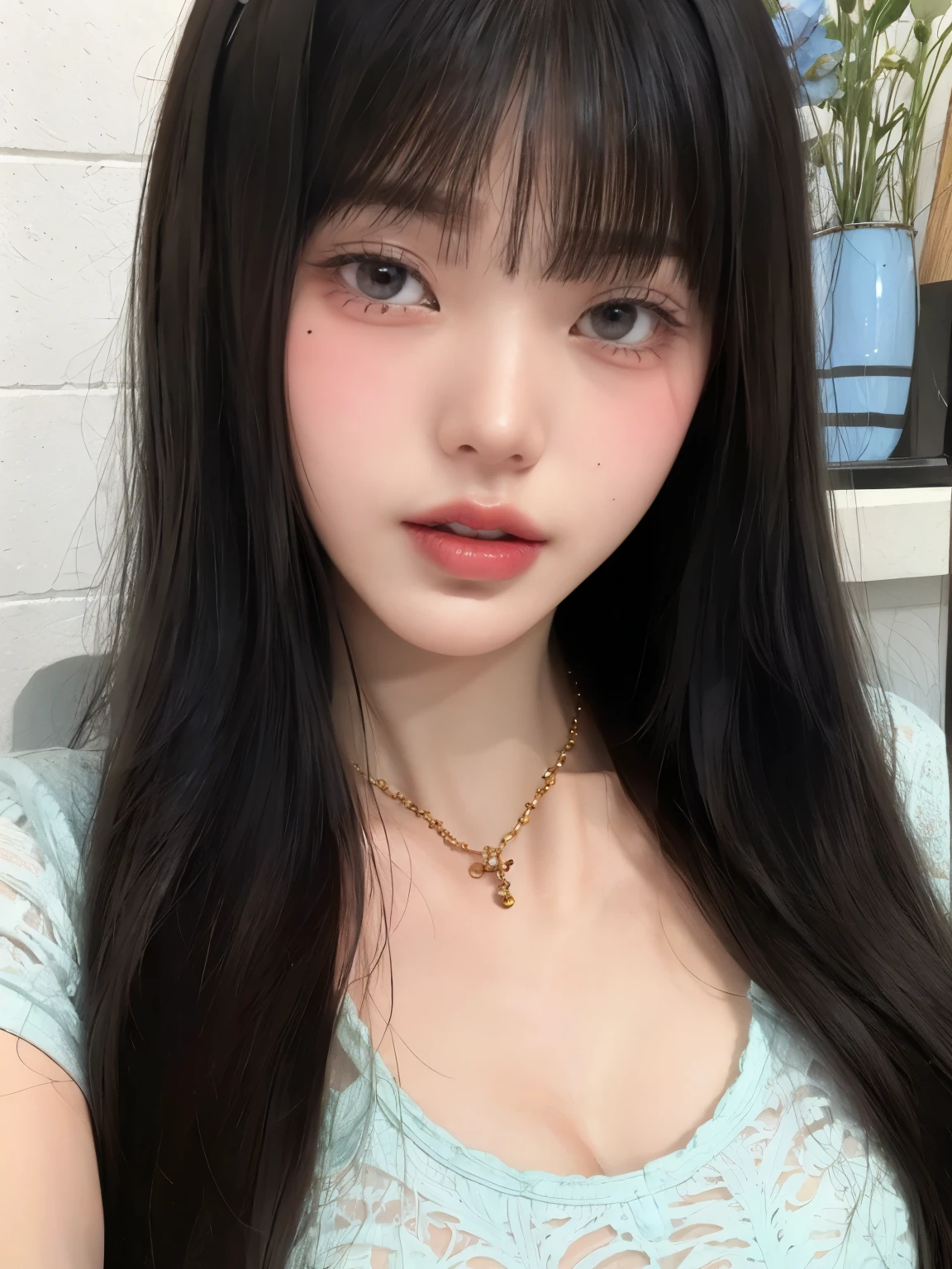 um close up de uma mulher com longos cabelos pretos e um colar, she has black hair com franja, neat hair com franja, com franja, linda Delphine, Lalisa Manobal, long hair com franja, franja reta, long black hair com franja, com franja completa, long hair com franja completa, long franja reta, franja reta, O corte Hime