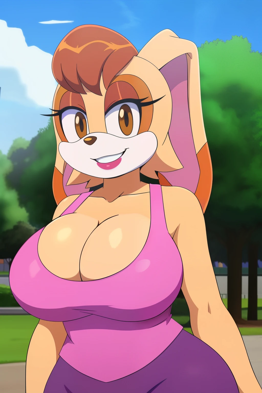 1girls,Vanilla the rabbit huge_breasts,bursting breasts, brown_hair busty dipstick_ear, female,cleavage, female_solo,pink tanktop, outdoors,park, grin,anime screencap,day, lipstick, milf, looking at viewer,