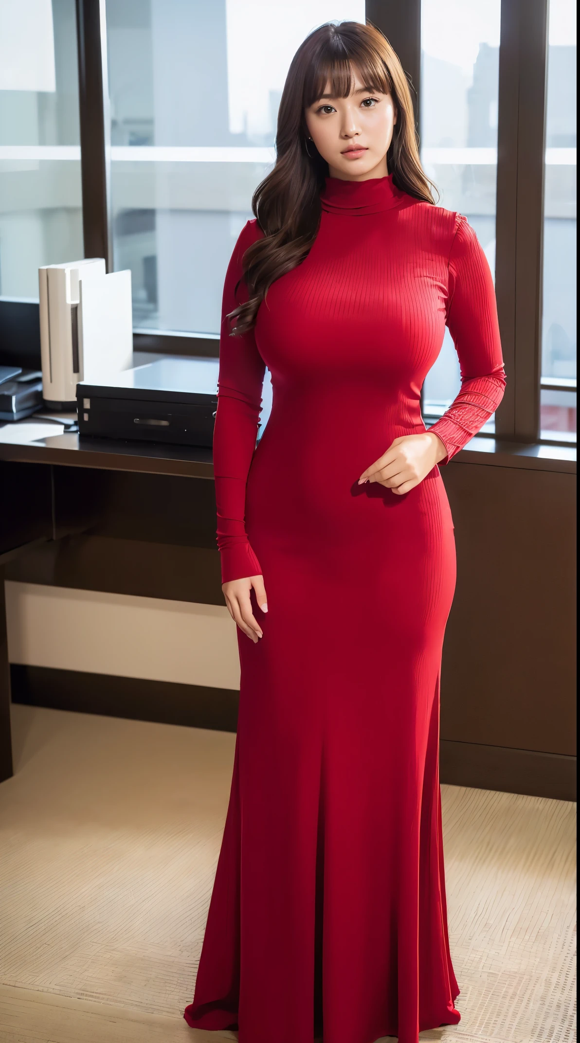 (masutepiece,High quality:1.3),(depth of fields:1.3) ,((front body:1.35)), Japanese ,woman, natural makeup,standard height, (red Long Sleeve Round neck Maxi Tight Dress:1.2), (huge breasts:1.5), thicc, curvy,(Looking at Viewer:1.3),(full body:1.2),Inside the office by the window
