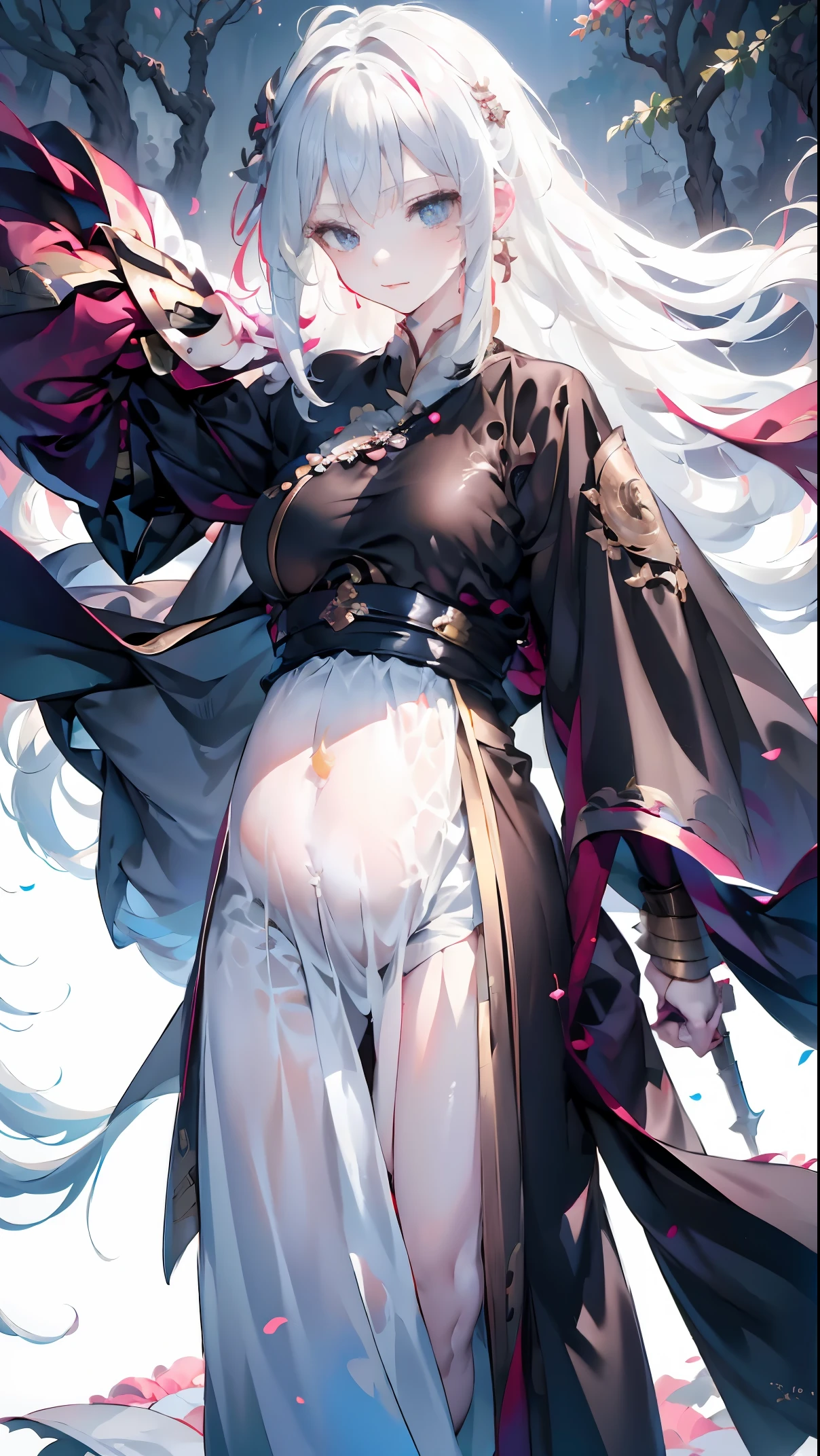 Golden hairpin, white ash hair, black shirt, white skirt, (black cloak:1.2), pale face, sweating, heavy breath, blushing, pregnancy  dresest quality:1.2), ultra-detailed,realistic ,portraits, vivid colors, soft lighting, interesting PoV, stocking, straight hair, pregnant, Pregnant  belly, anime girl, solo girl, light blue eye,