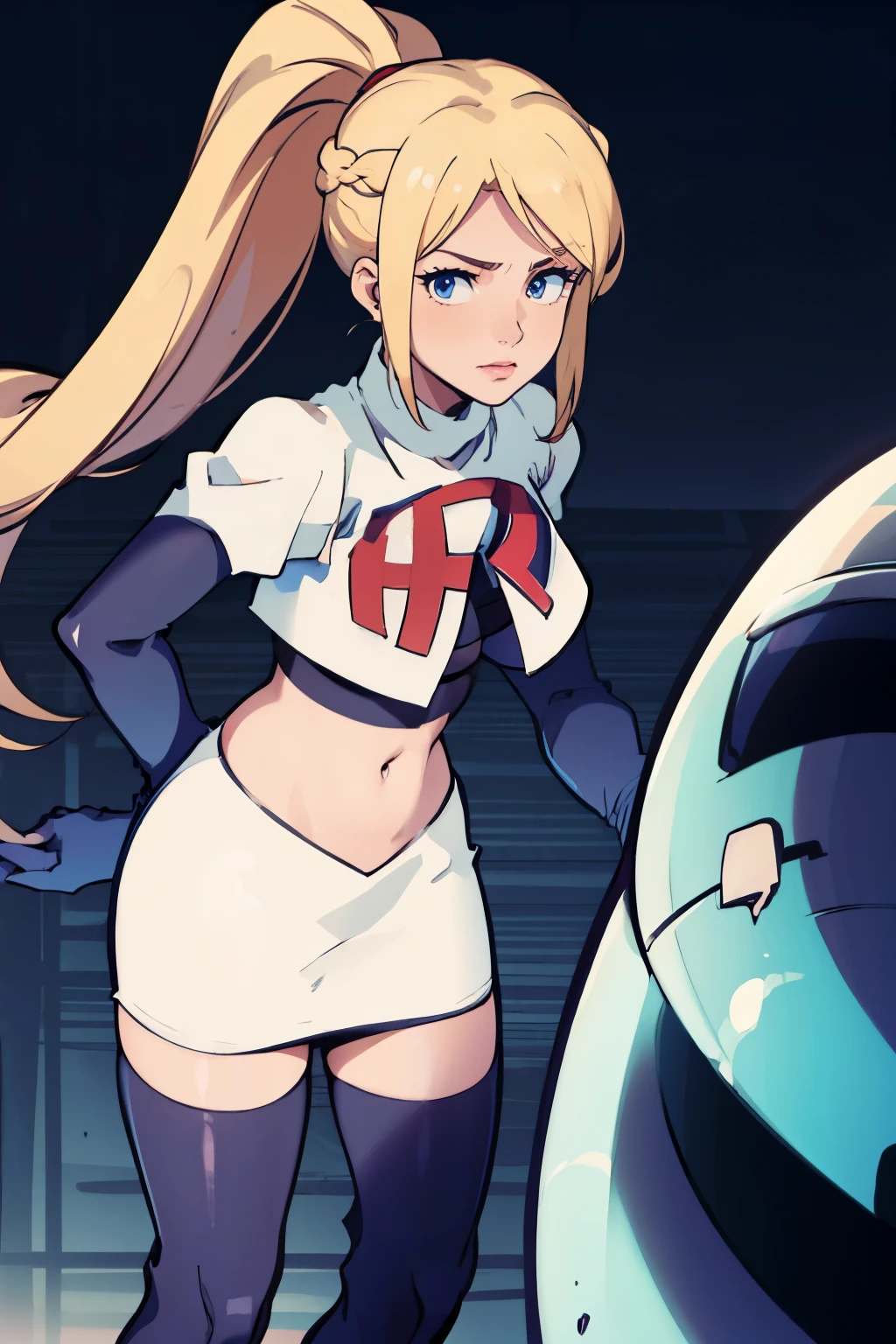samus aran, ponytail, hair tie, team rocket, team rocket uniform, red letter R, white skirt, white crop top, black thigh-highs, black elbow gloves, spaceship background
