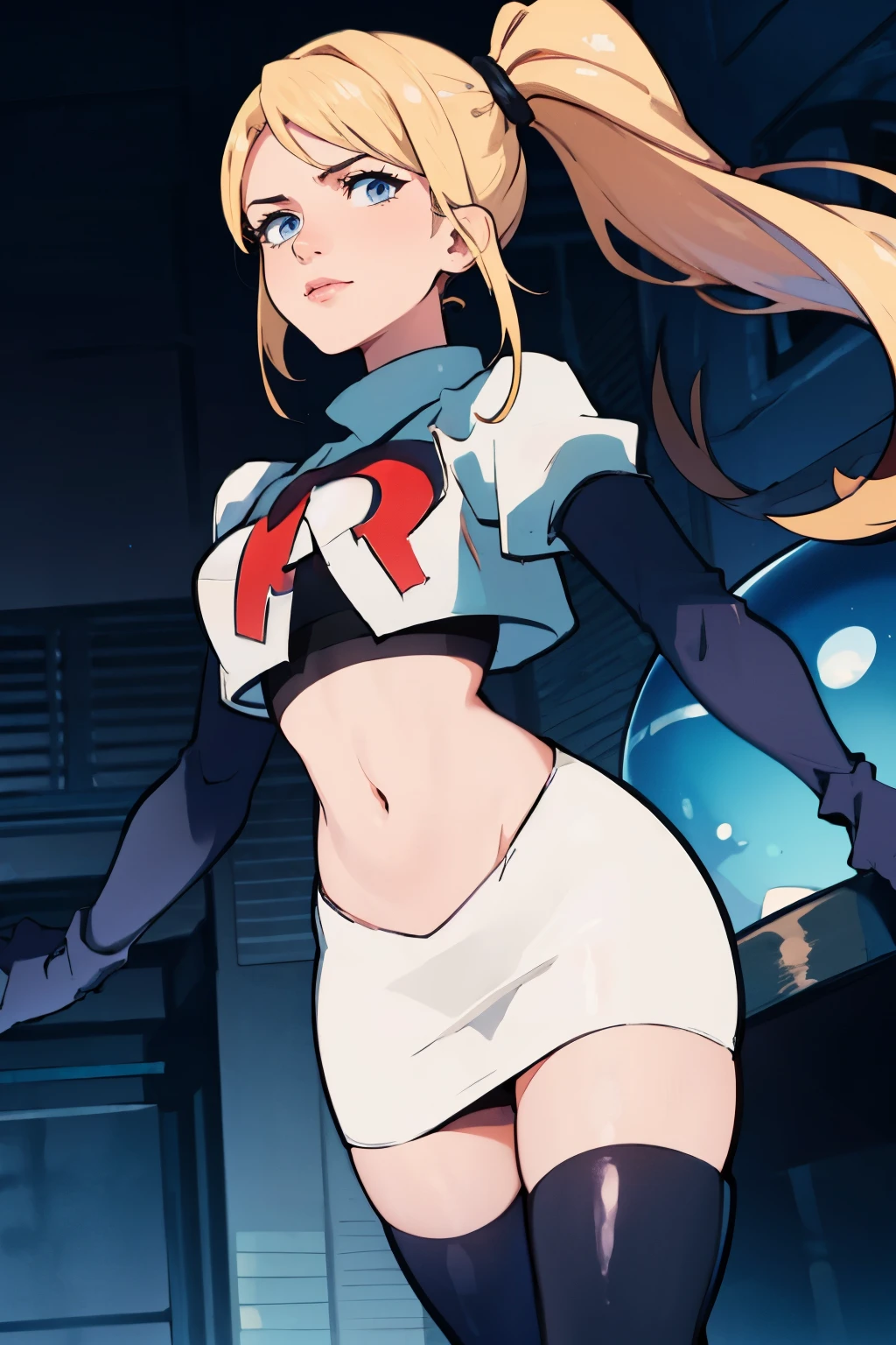 samus aran, ponytail, hair tie, team rocket, team rocket uniform, red letter R, white skirt, white crop top, black thigh-highs, black elbow gloves, spaceship background